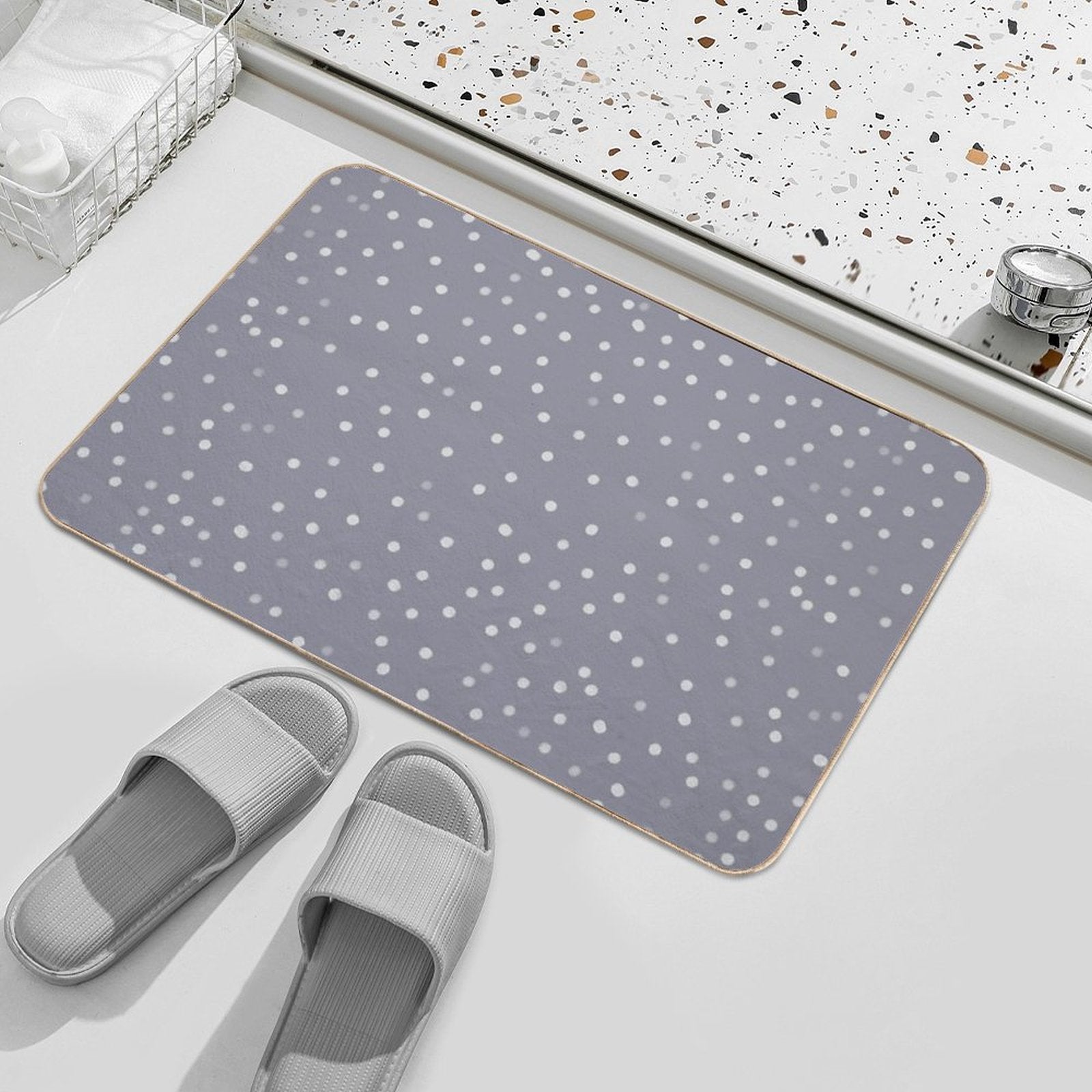 Blue Grey And White Color Polka Dots Design  Easy To Clean Bath Mat