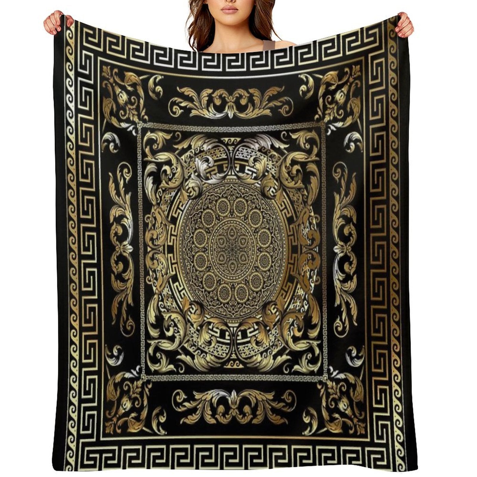 Gold Ornate Baroque Gold Black Greek Meander Machine-washable Throw Blanket