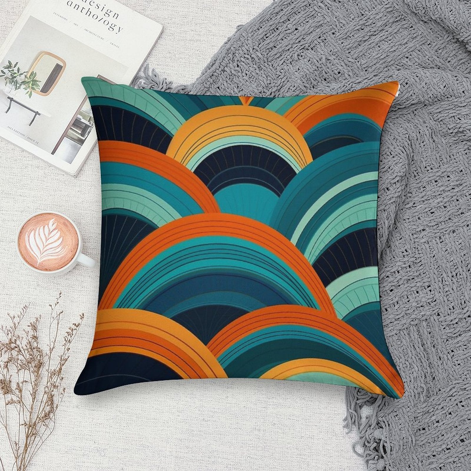 Mid-Century Dreamscape Teal And Orange Curved Lines Pattern Soft Shrink-Resistant Throw Pillow