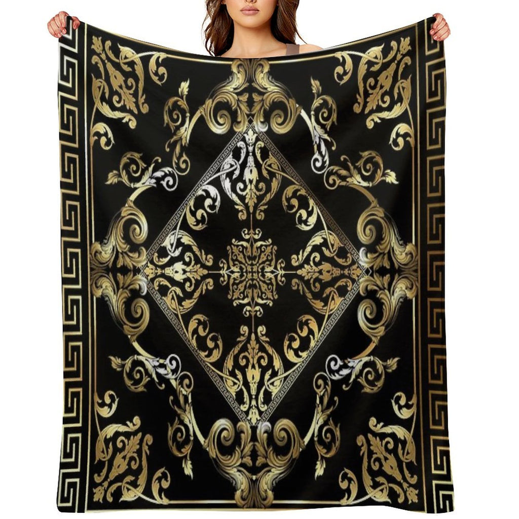 Ornate Baroque Filigree Gold Black Waves Greek Meander All-season Throw Blanket