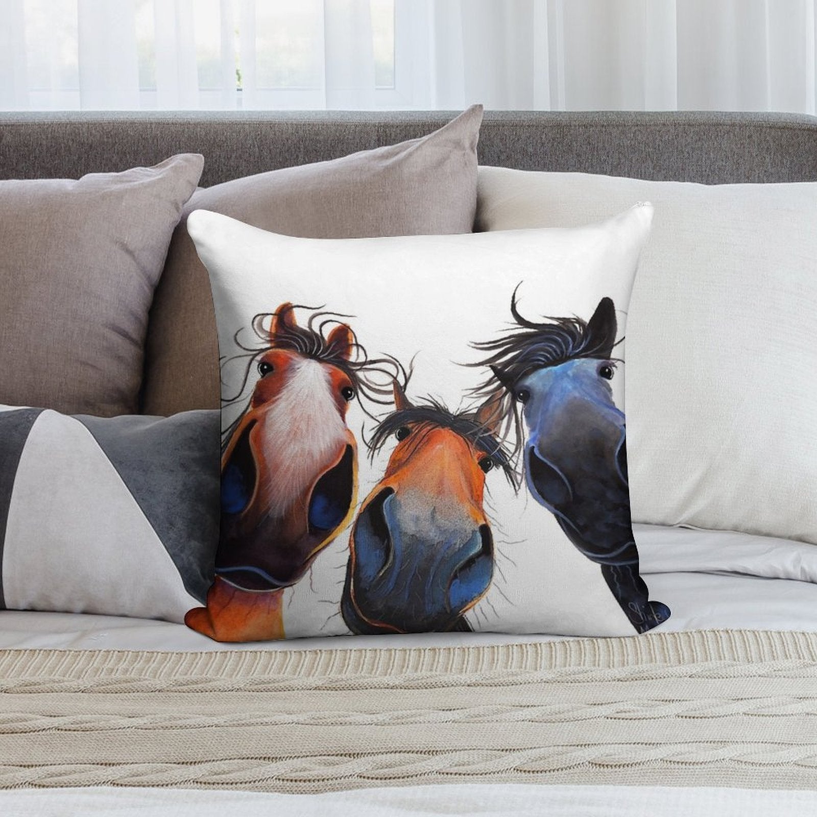 HaPPY HoRSe PRiNT ' WHo LeFT THe GaTe OPeN  ' BY SHiRLeY MacARTHuR Soft Shrink-Resistant Throw Pillow
