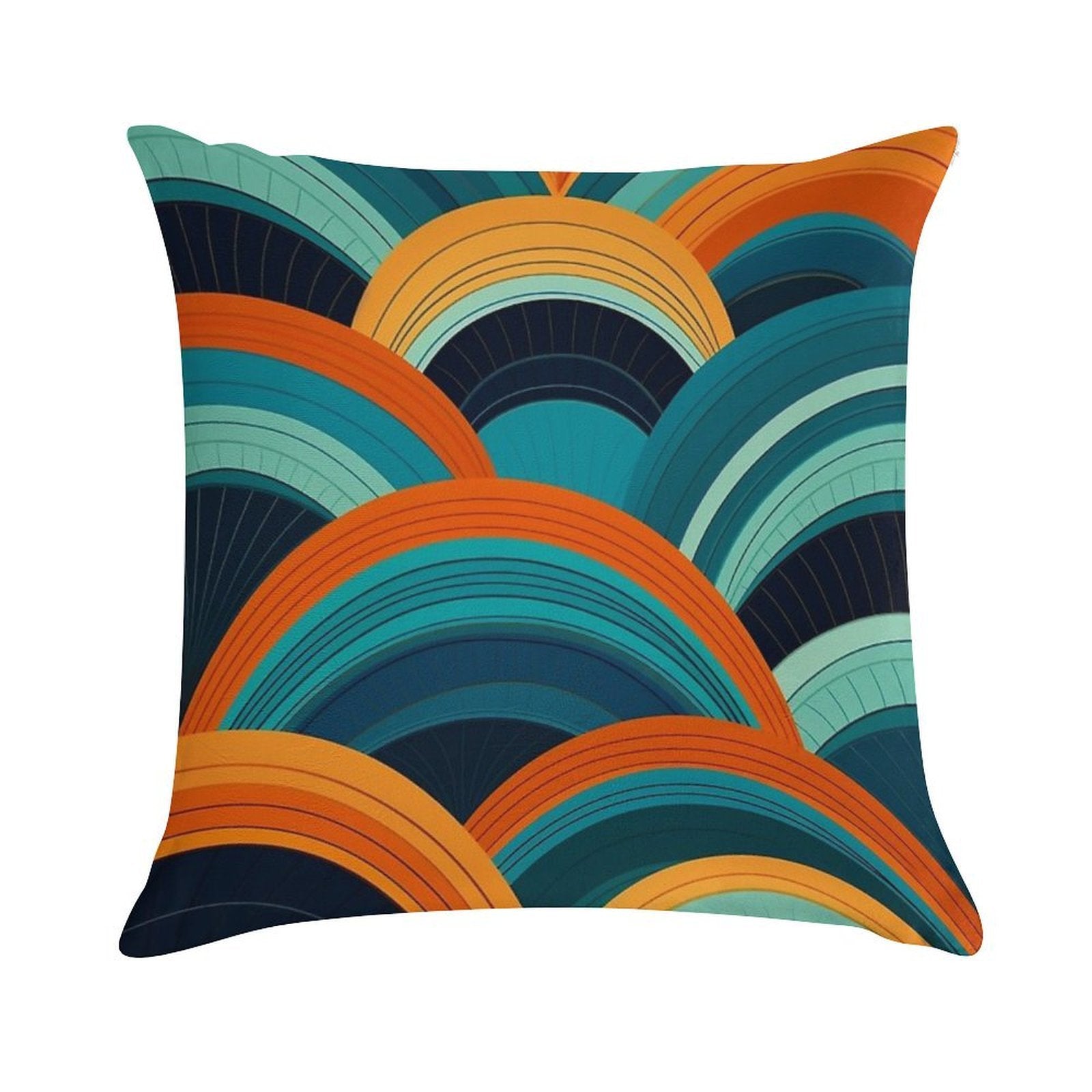 Mid-Century Dreamscape Teal And Orange Curved Lines Pattern Soft Shrink-Resistant Throw Pillow