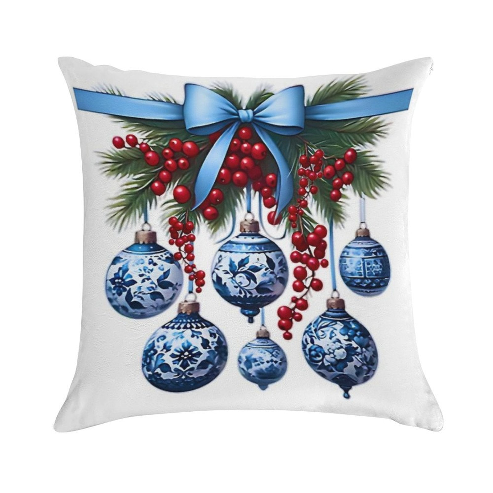 Chinoiserie Christmas Holiday. Blue And White Soft Shrink-Resistant Throw Pillow