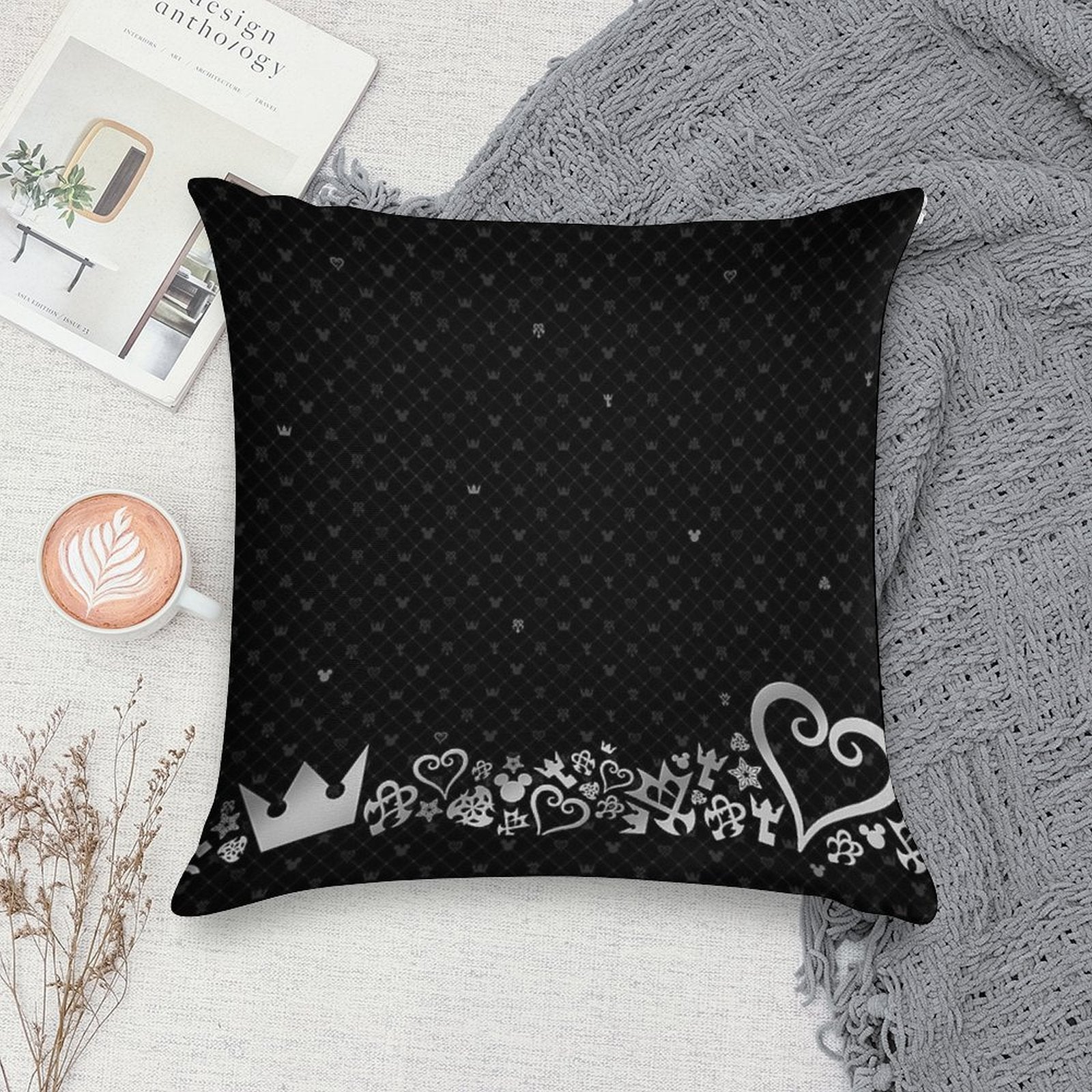 Kingdom Hearts - Black Pattern Soft Hidden Zipper Throw Pillow