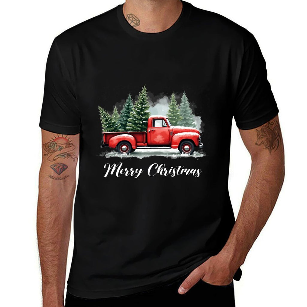 Vintage Wagon Merry Christmas Tree on Car Xmas Red Truck  Oversized Silhouette T-Shirt