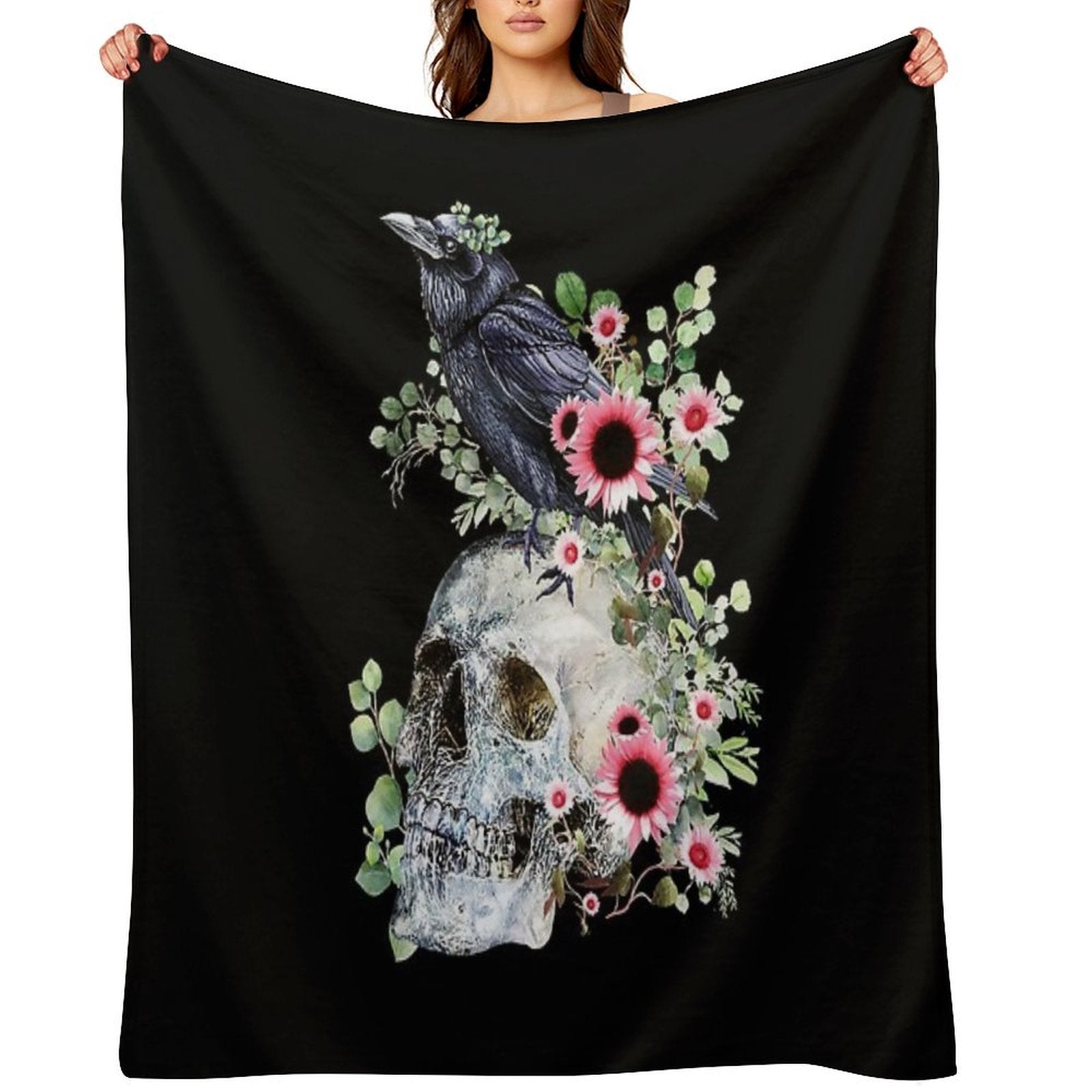 Black Raven with Skull And Leaves Crow, Skeleton Leaves Eucaliptus And Pink Sunflowers Machine-washable Throw Blanket