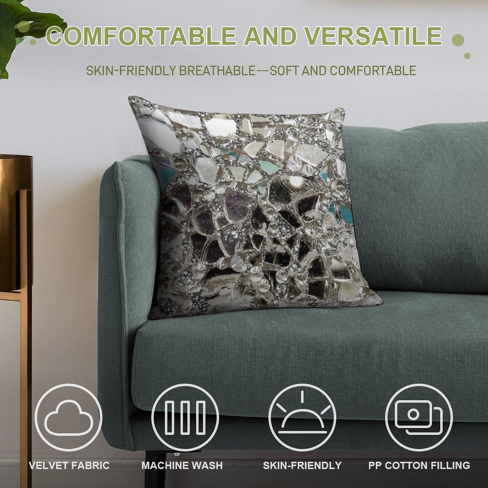 Photographic Image Sparkly Silver Glitter, Glass And Mirror Soft Reinforced Edging Throw Pillow