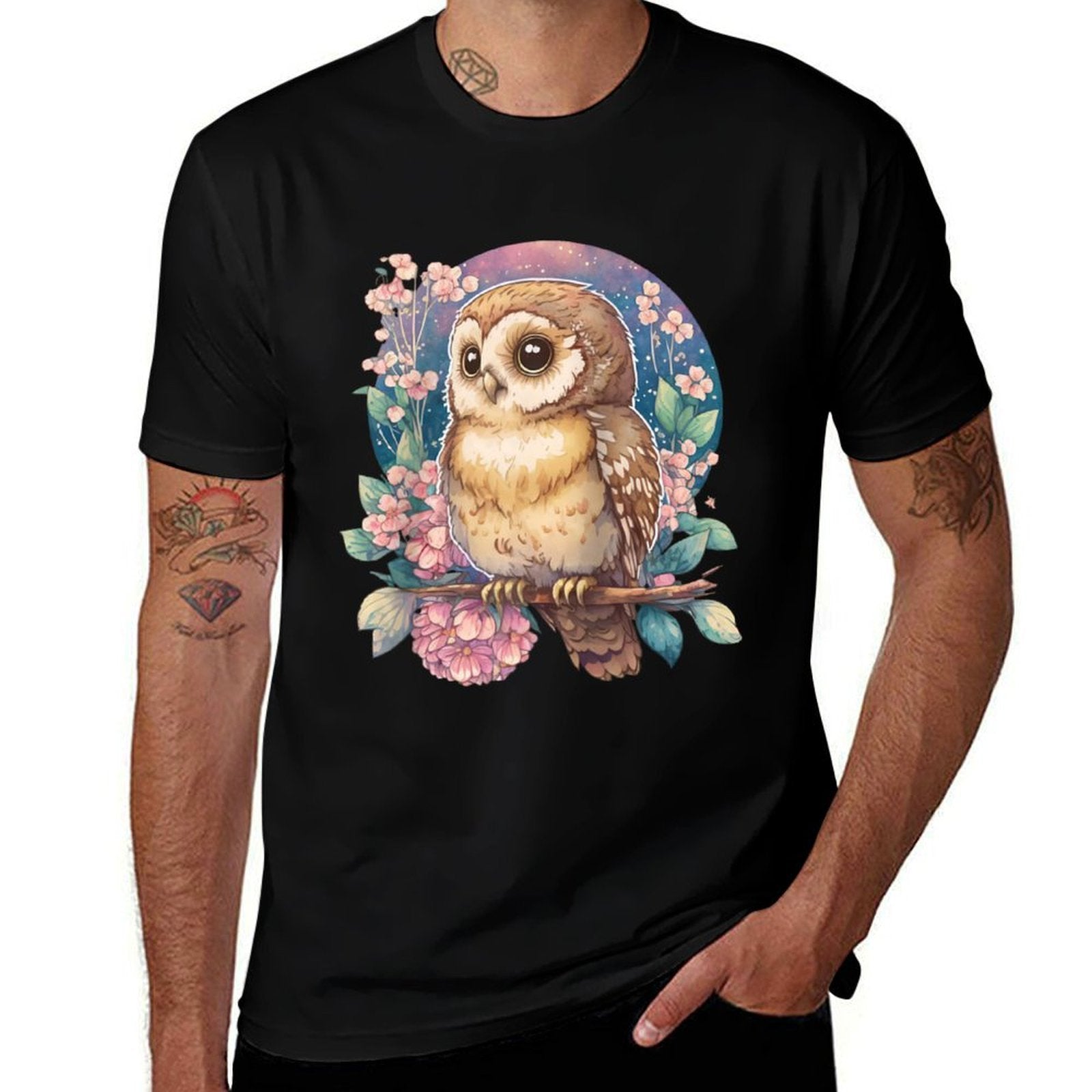 Owl & Blossoms Cute Watercolor Twilight Serenity Raglan Baseball  Easy-care T-Shirt
