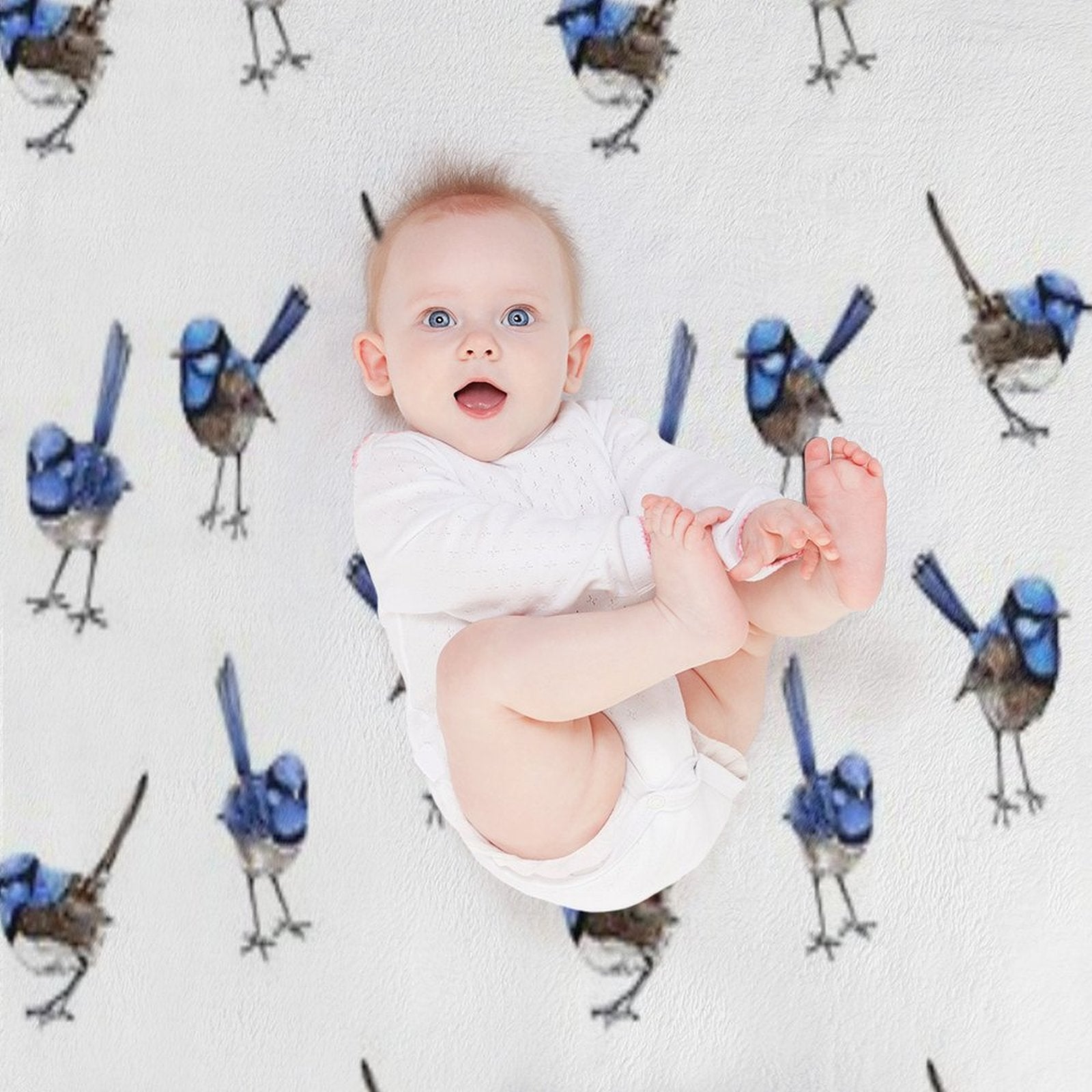 Blue Wrens, Scattered on White Travel-friendly Throw Blanket