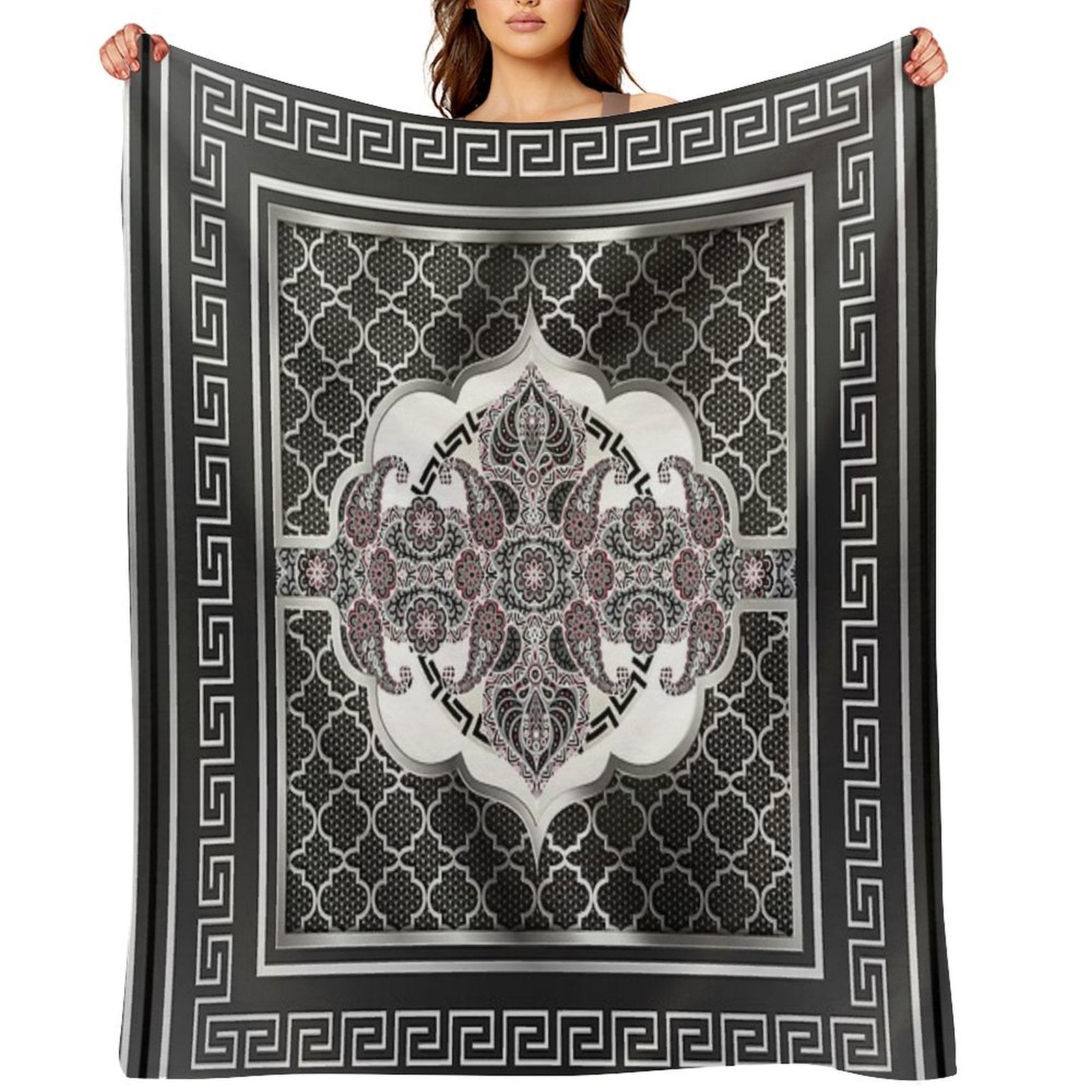 Greek Key Border Black Silver And White Design Plush Throw Blanket