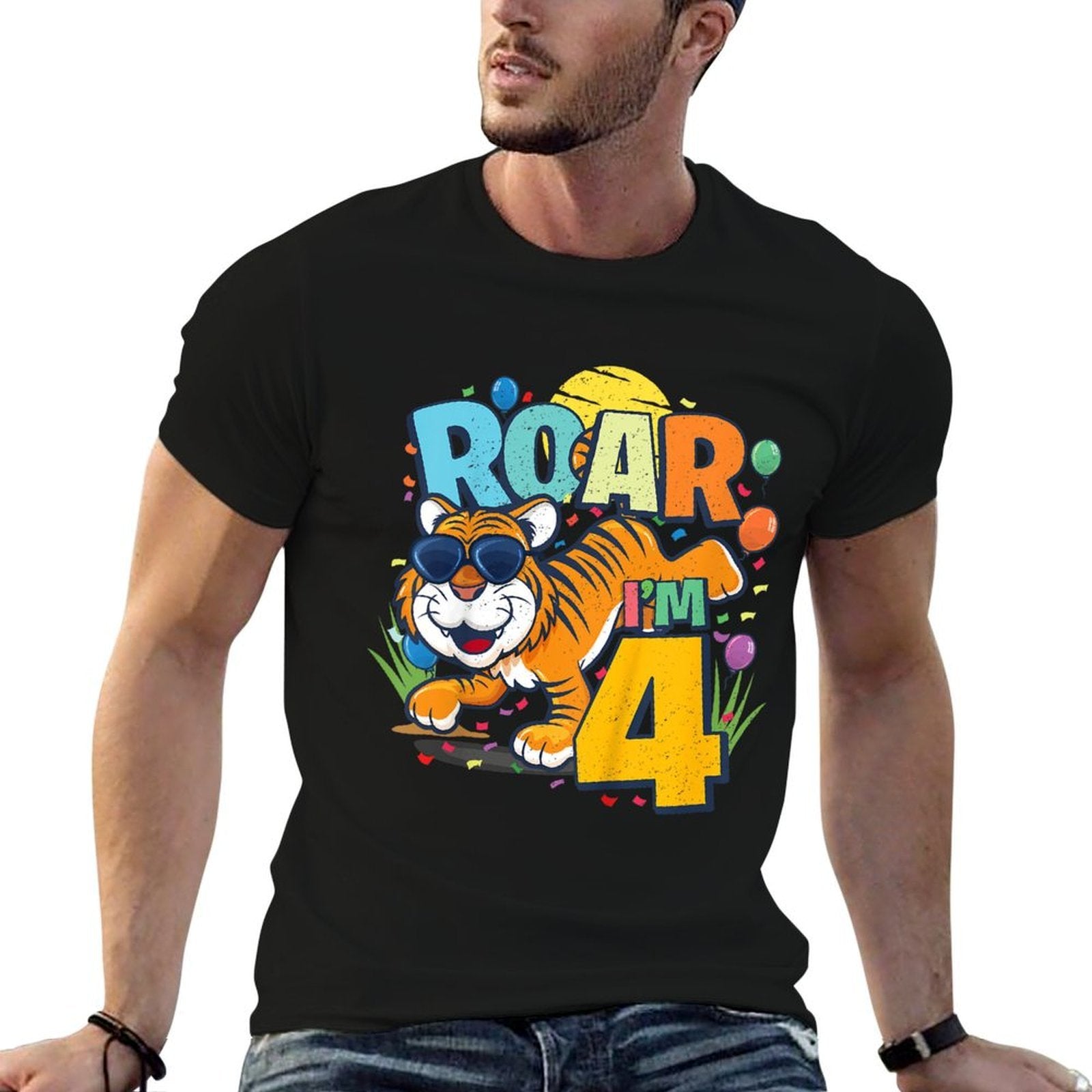 Kids 4th Birthday ROAR I'M 4 Year Old Boys Tiger Safari Gift Top  Fade-proof Color T-Shirt