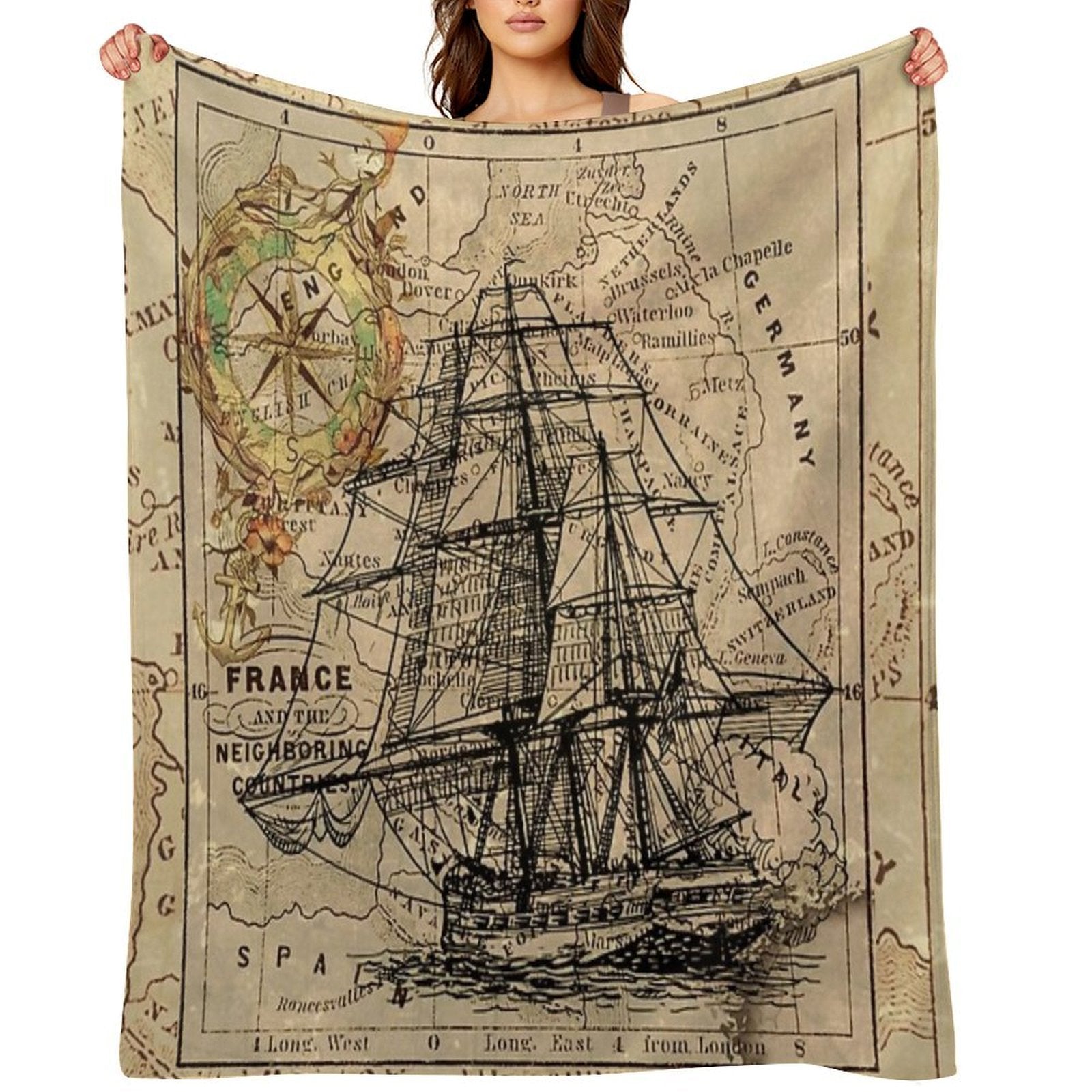 Dark Academia Vintage Pirate Ship Sailor Antique World Map Compact Throw Blanket