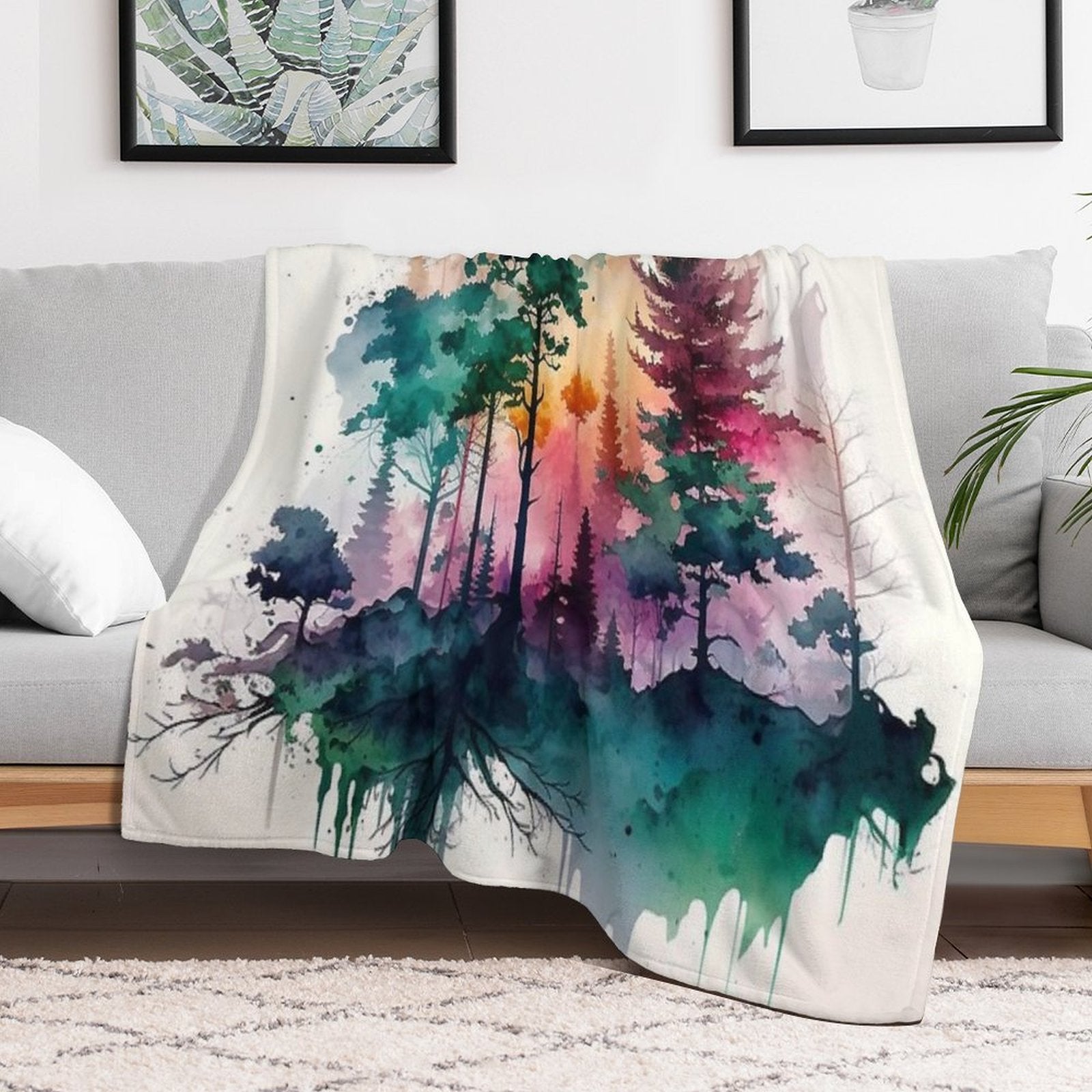 Colorful Forest Watercolor Painting Sustainable Throw Blanket