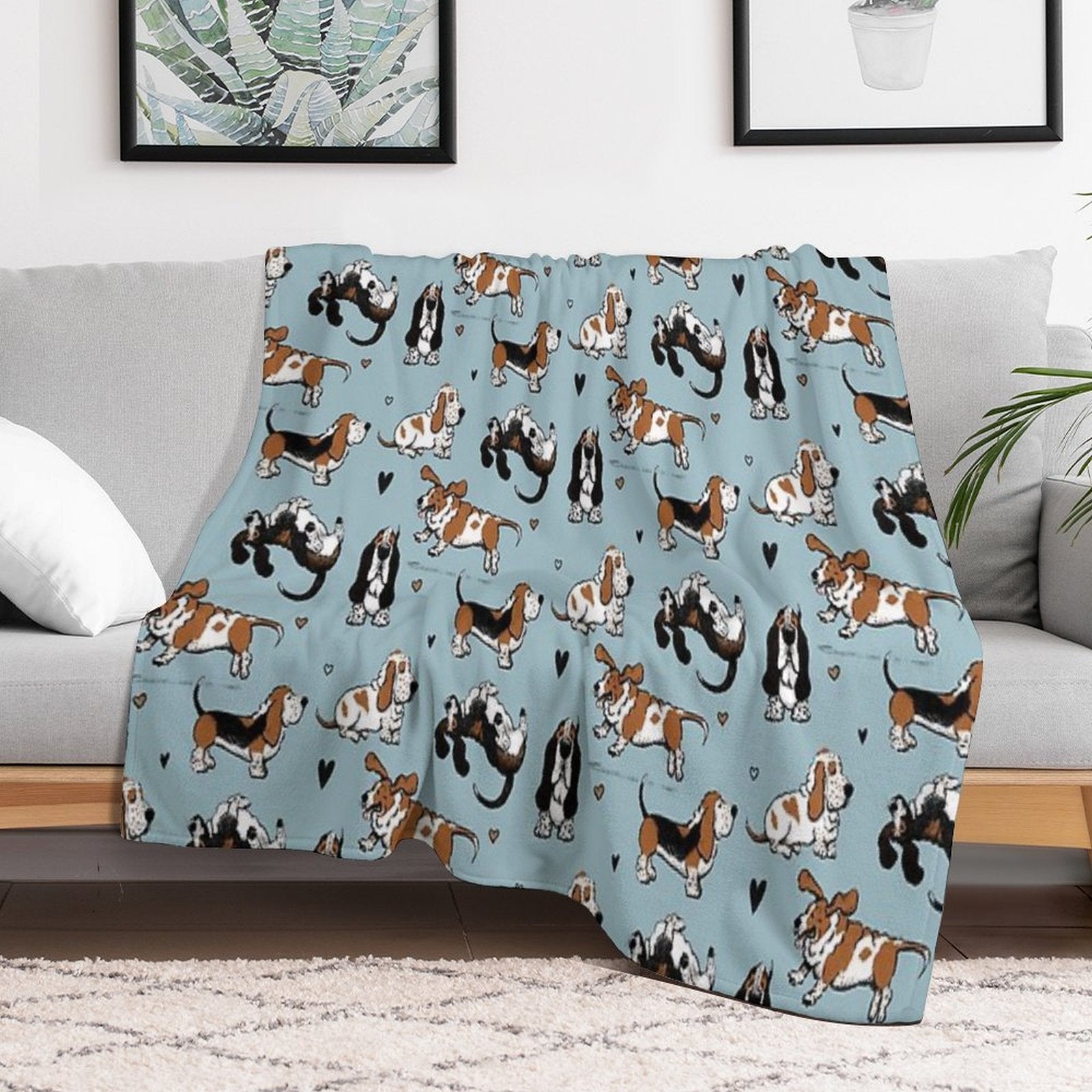 Basset Buddies on Blue Machine-washable Throw Blanket