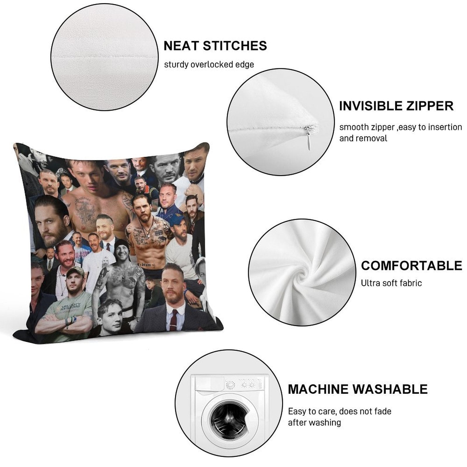 Tom Hardy Soft Hidden Zipper Throw Pillow