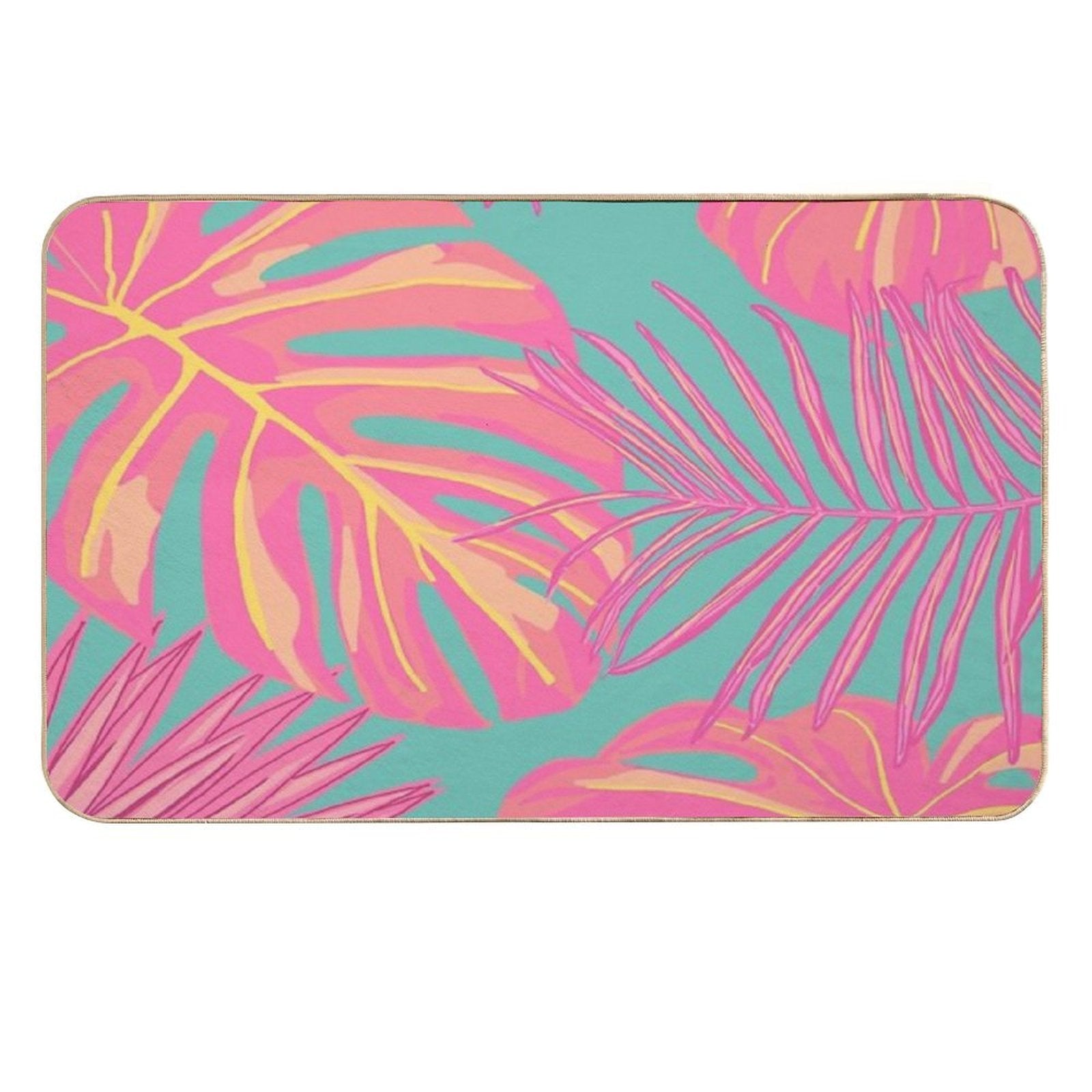 Tropical Leaves in Pink And Turquoise  High-Traffic Bath Mat