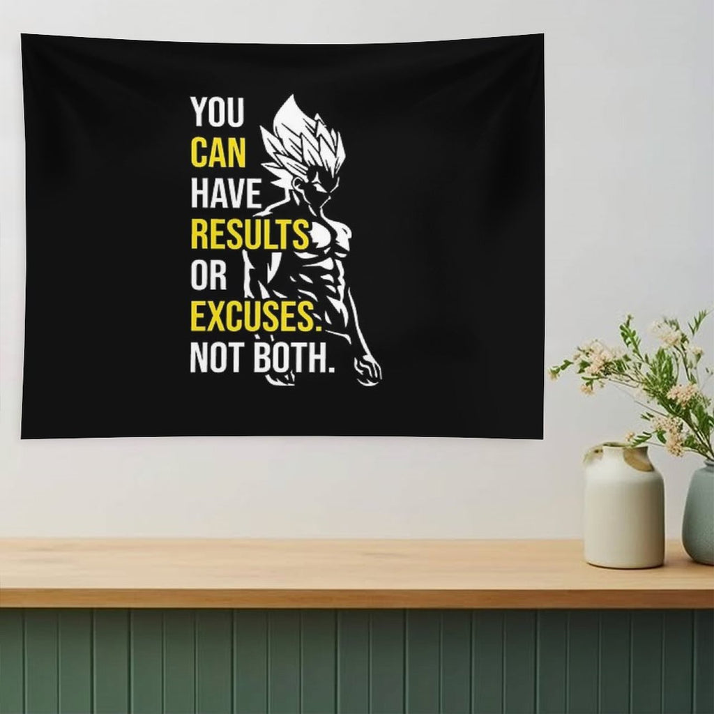 Results Vs Excuses - Vegeta Gym Motivational Tapestry
