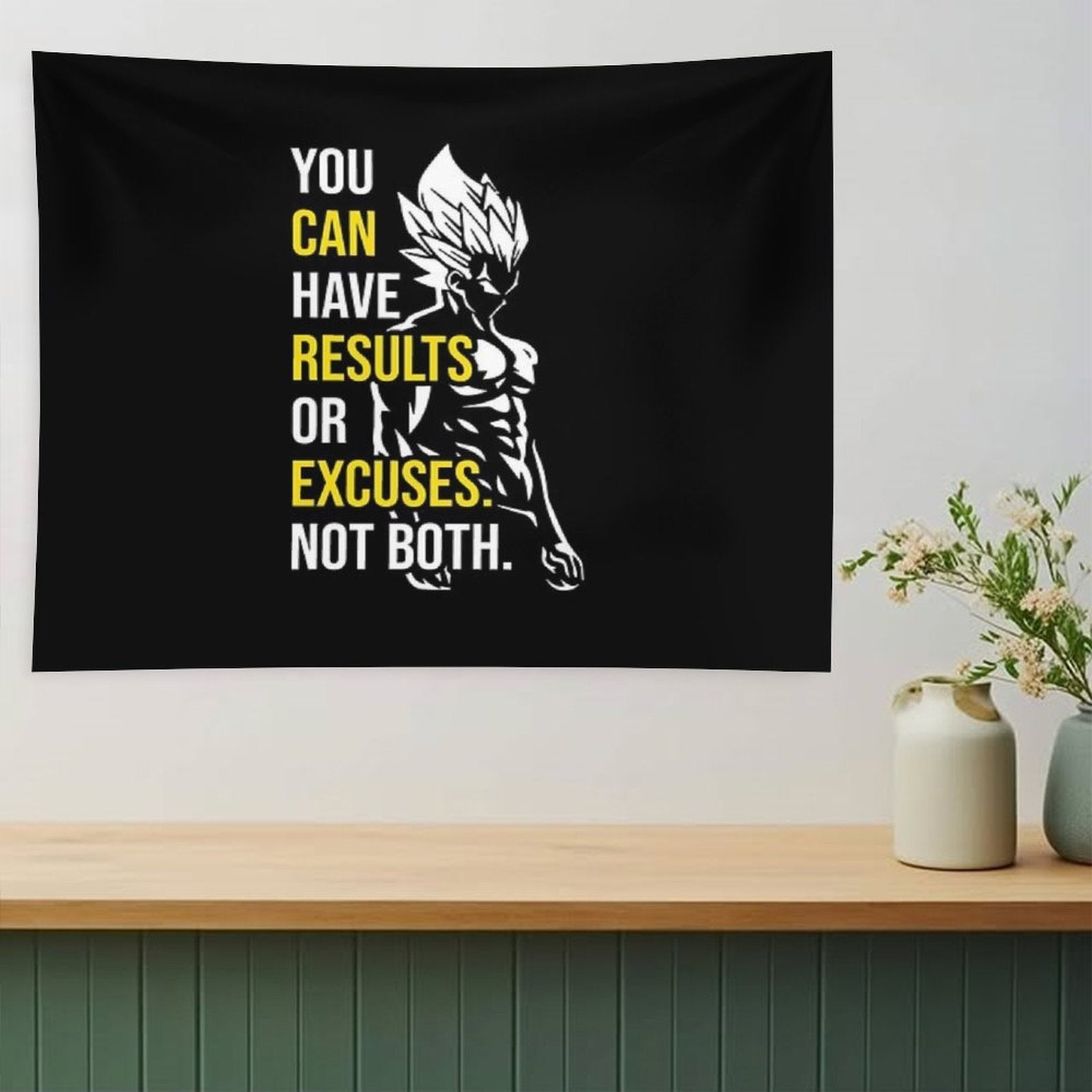 Results Vs Excuses - Vegeta Gym Motivational Tapestry