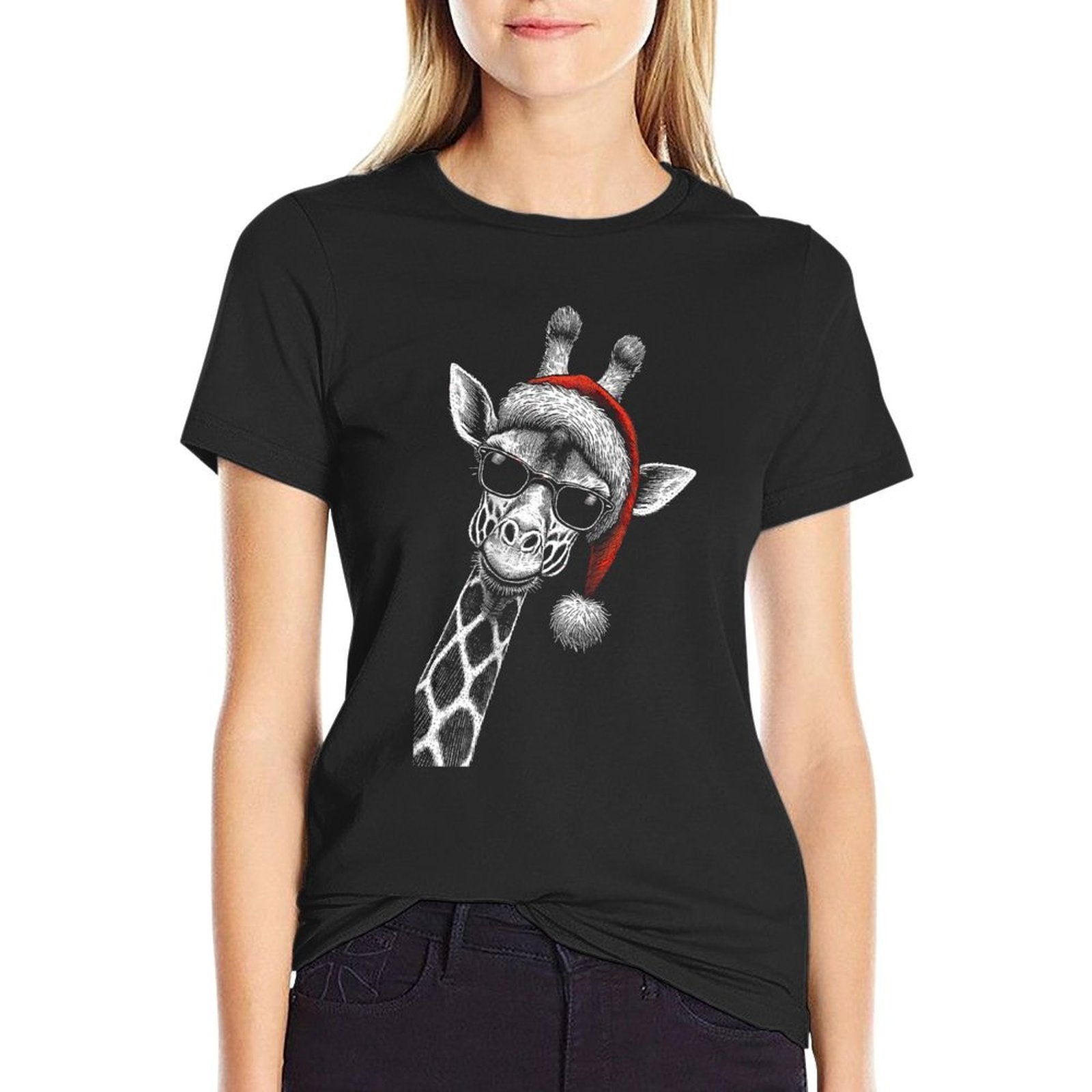 Giraffe Christmas Santa Hat Pajama Funny Giraffe Xmas  Oversized Silhouette T-Shirt