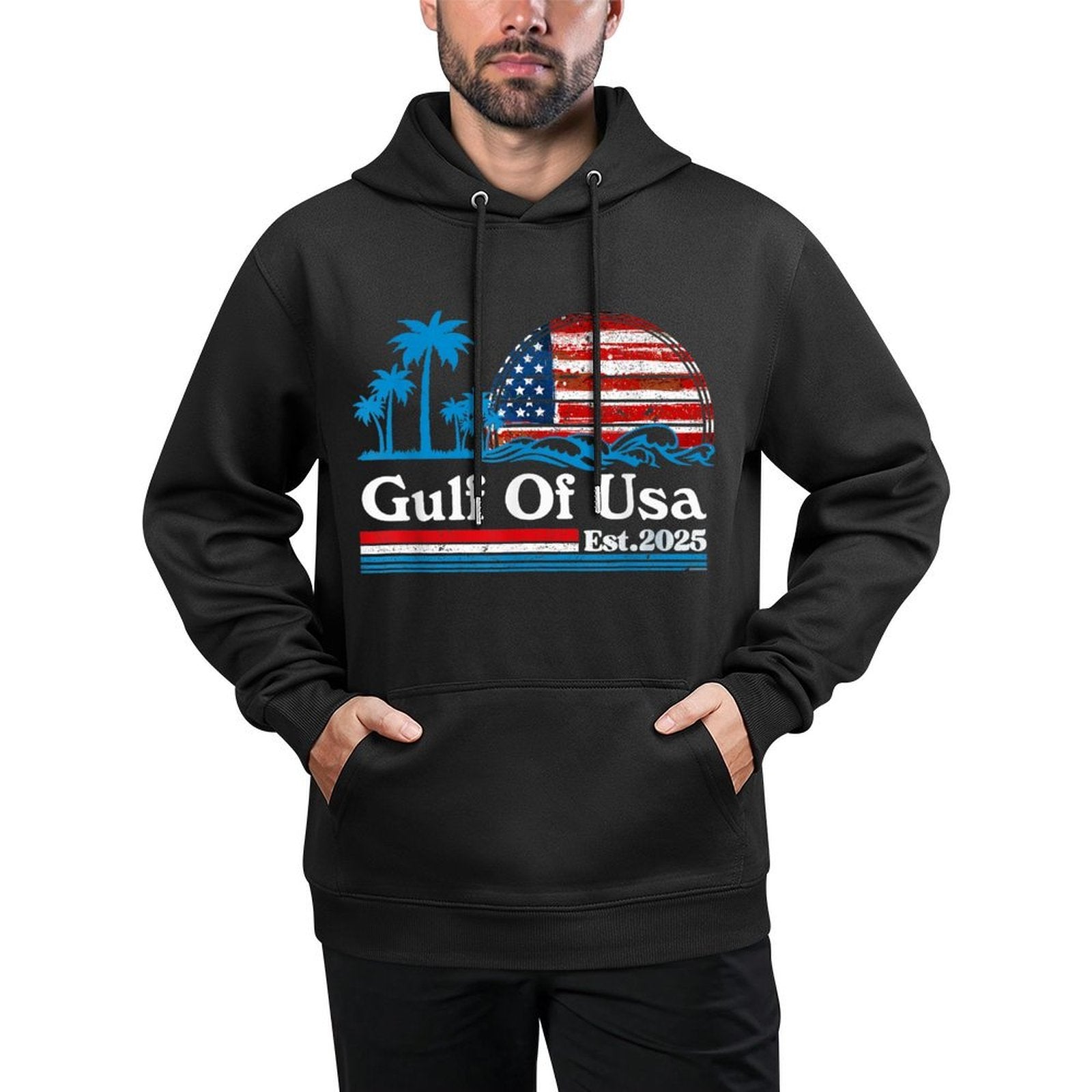 Retro Gulf Of USA America Est 2025 American 4th of July Kangaroo Pocket Hoodie