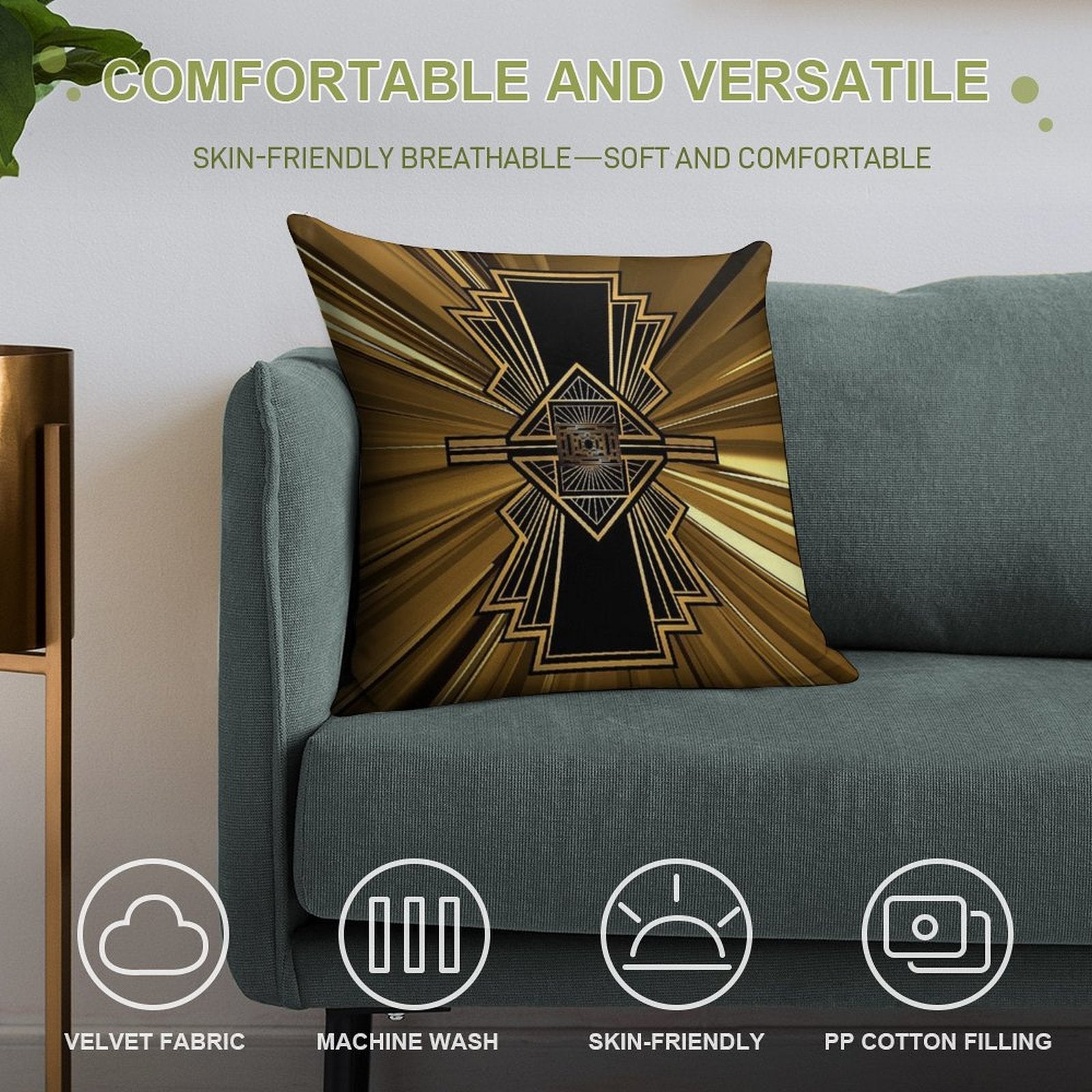 Art Deco Nouveau Black And Gold Shimmer Trendy Geometric Design Soft Short Plush Fabric Throw Pillow