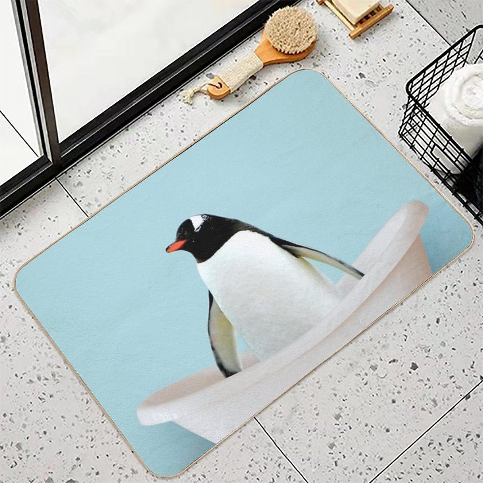 Playing Penguin in Bathtub Durable Bath Mat