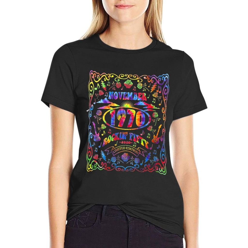 Womens Music Festival Hippie November 1970 50th Birthday Tie Dye  Oversized Silhouette T-Shirt