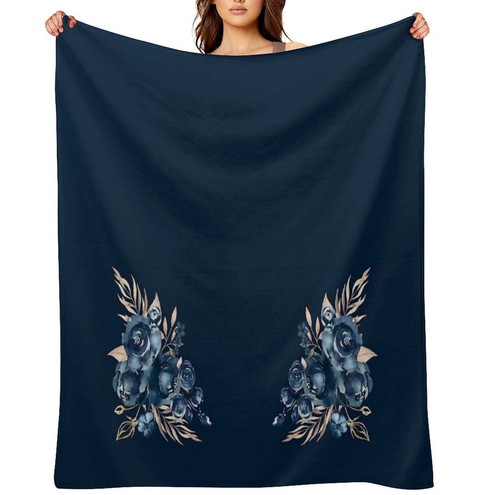 Navy Blue Floral, Watercolor Rose, Aesthetic Premium Throw Blanket