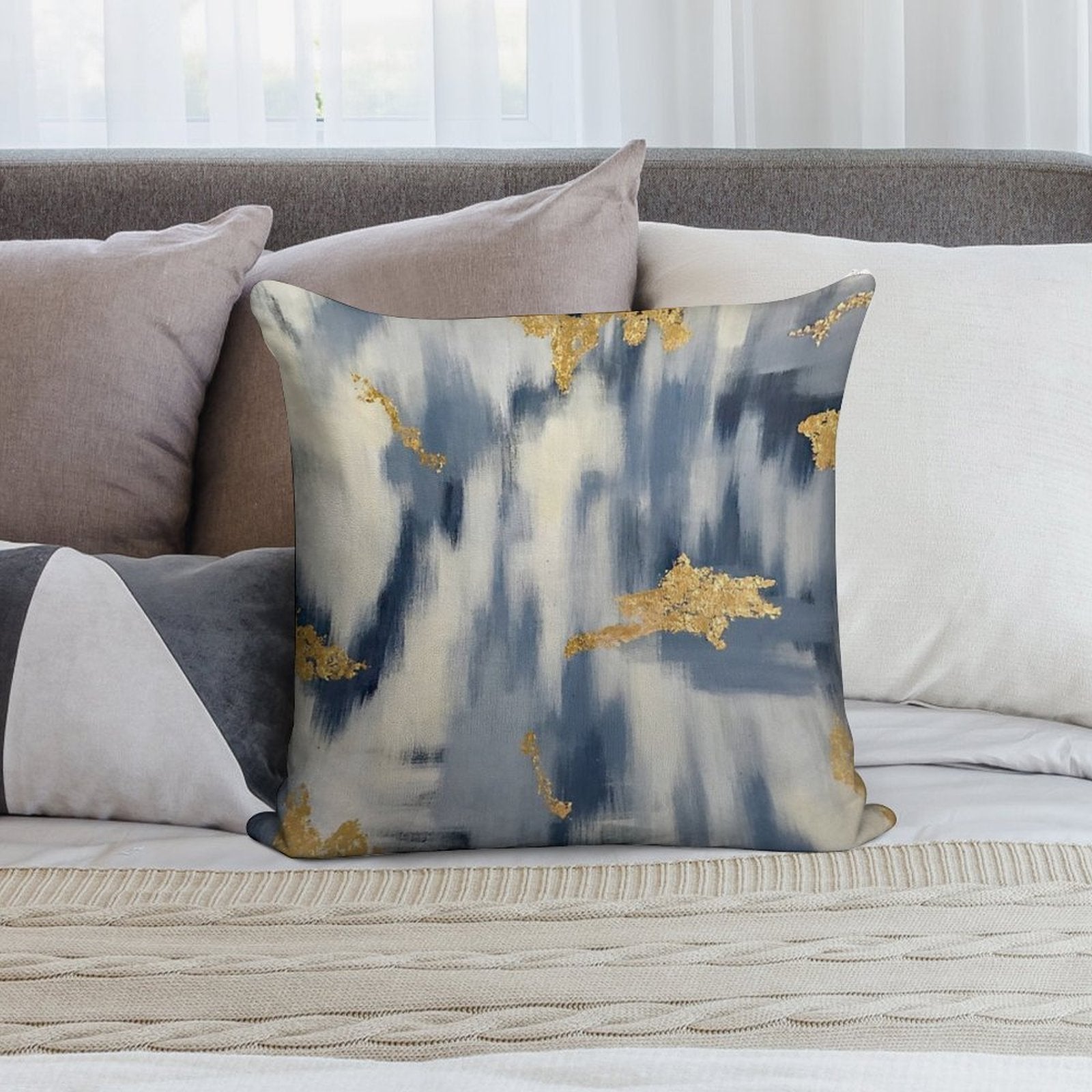 Blue And Gold Ikat Abstract Soft Hidden Zipper Throw Pillow