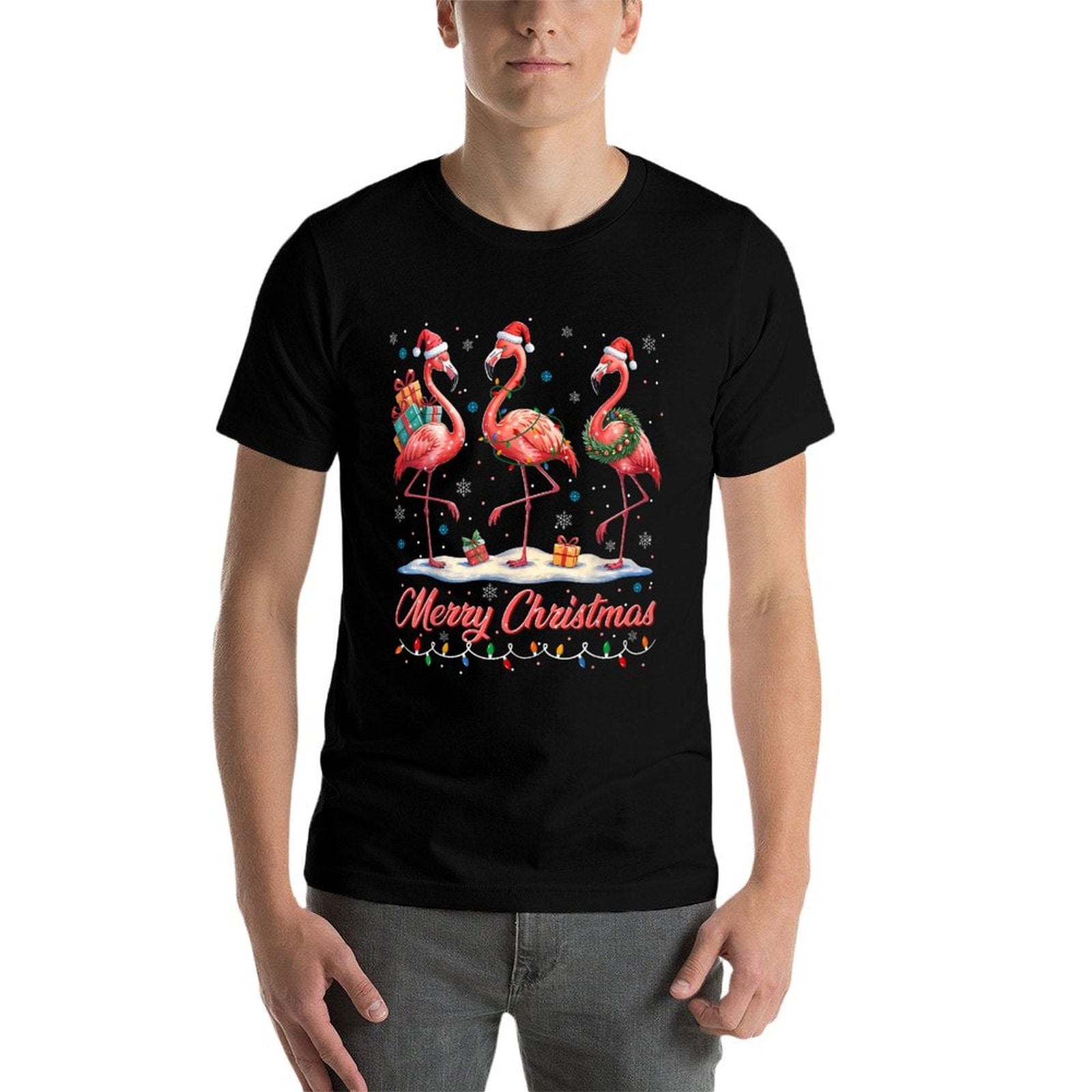 Merry Christmas Pink Flamingo Santa Xmas Womens Mens Kids  Cotton T-Shirt