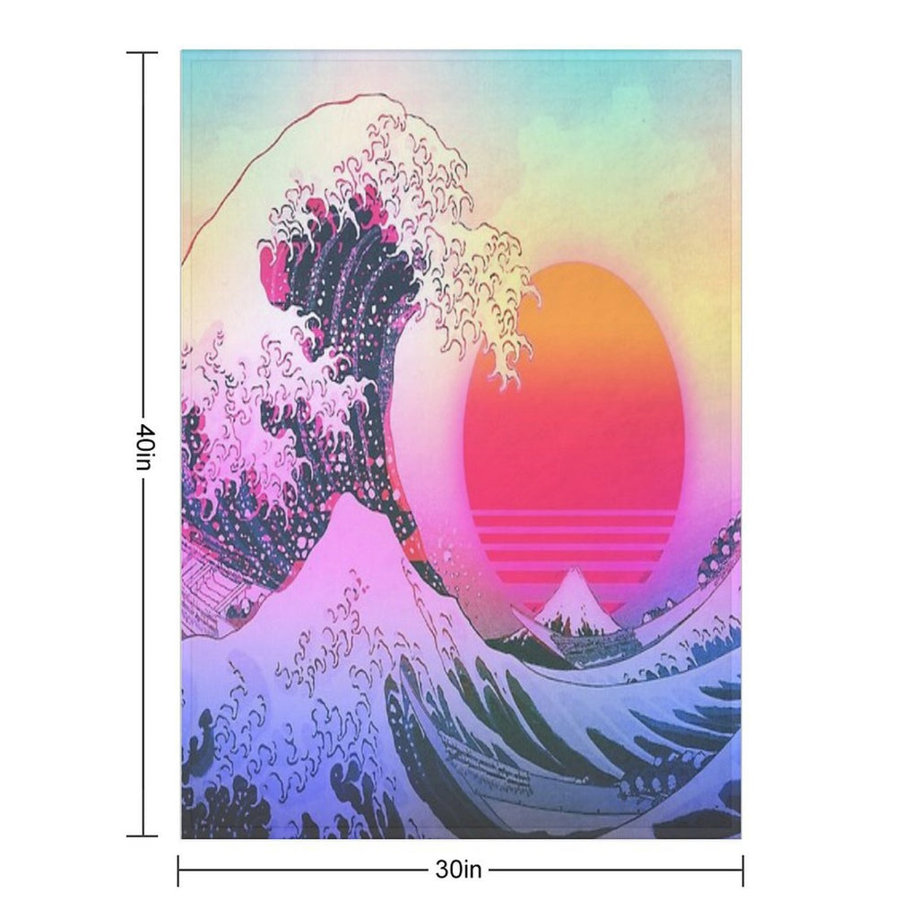 Great Wave Off Kanagawa Vaporwave Retro Aesthetic Travel-friendly Throw Blanket