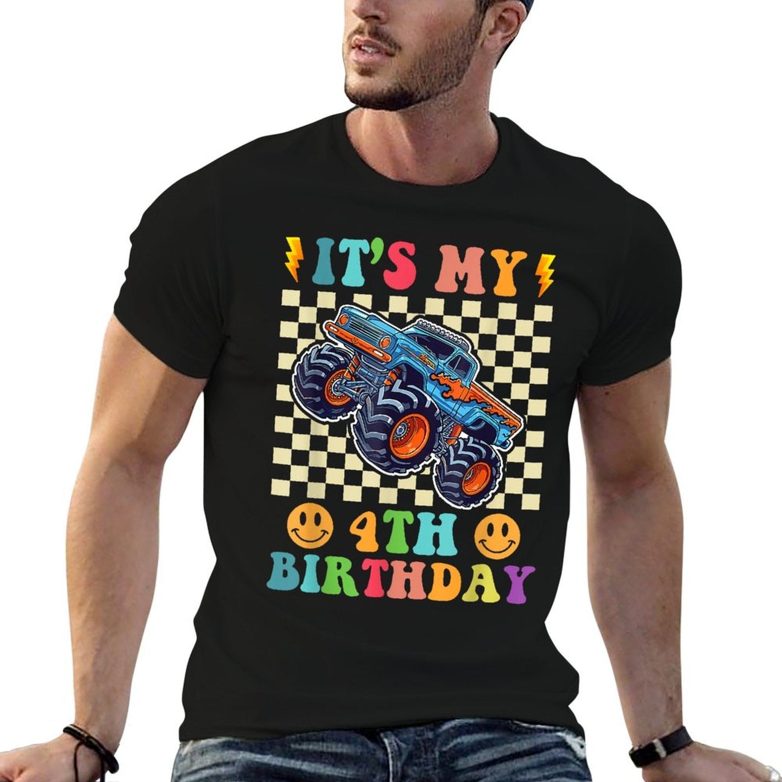 4 Year Old 4th Birthday Boy Monster Truck Car  Stretchy T-Shirt