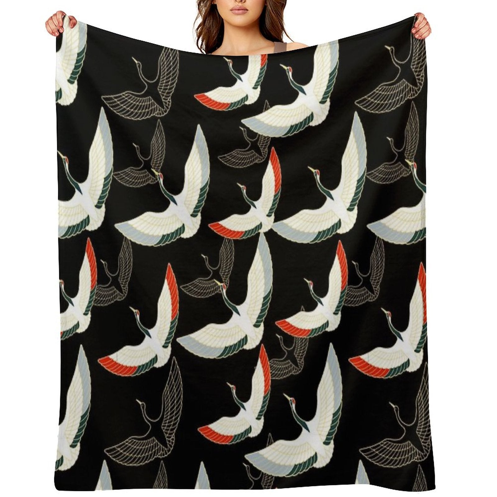 Golden Japanese Cranes Pattern Premium Throw Blanket