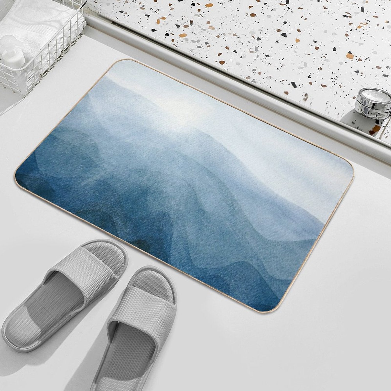 Blue Sunrise in The Mountains, Dawn, Abstract Watercolor Durable Bath Mat