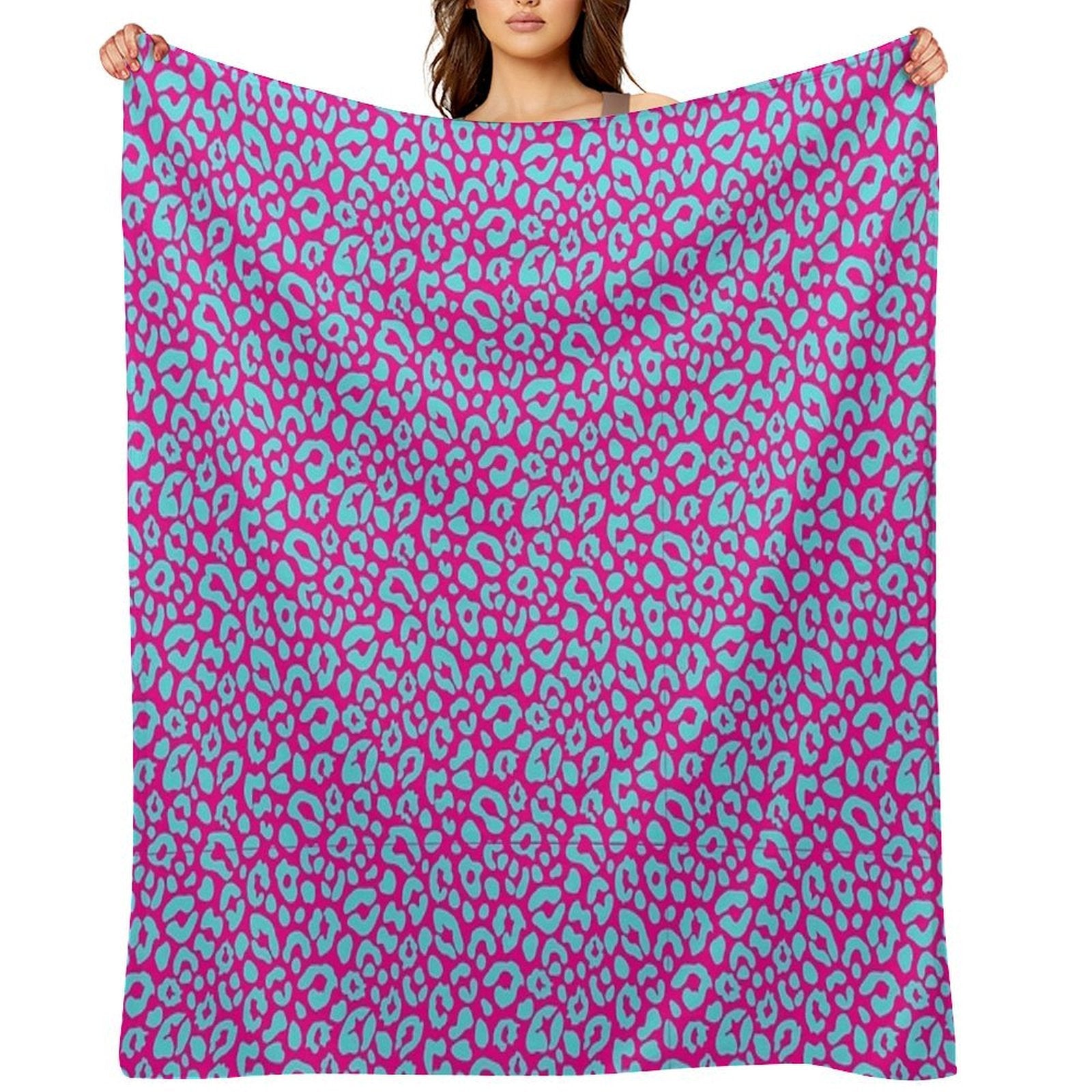 Leopard Print Pink on Turquoise Pattern Travel-friendly Throw Blanket
