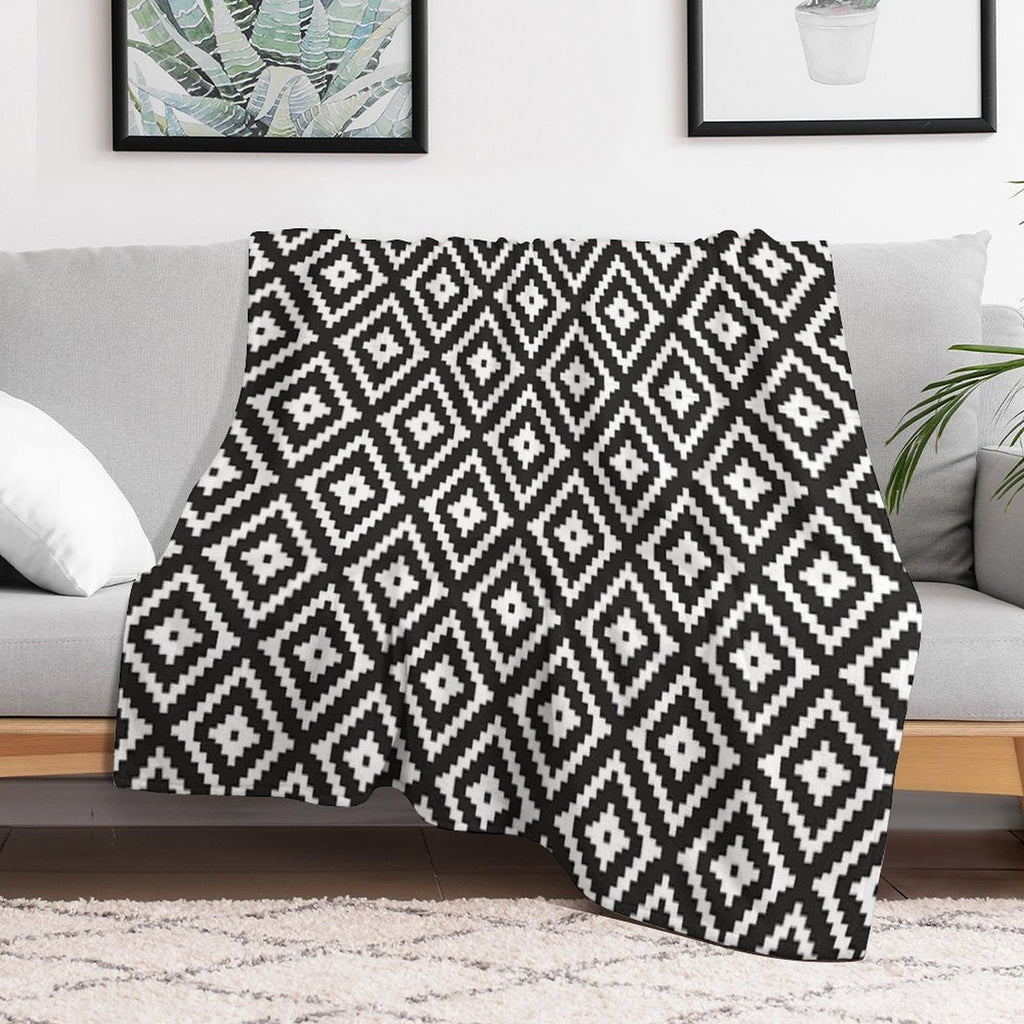 Aztec - White on Black Velvety-soft Throw Blanket