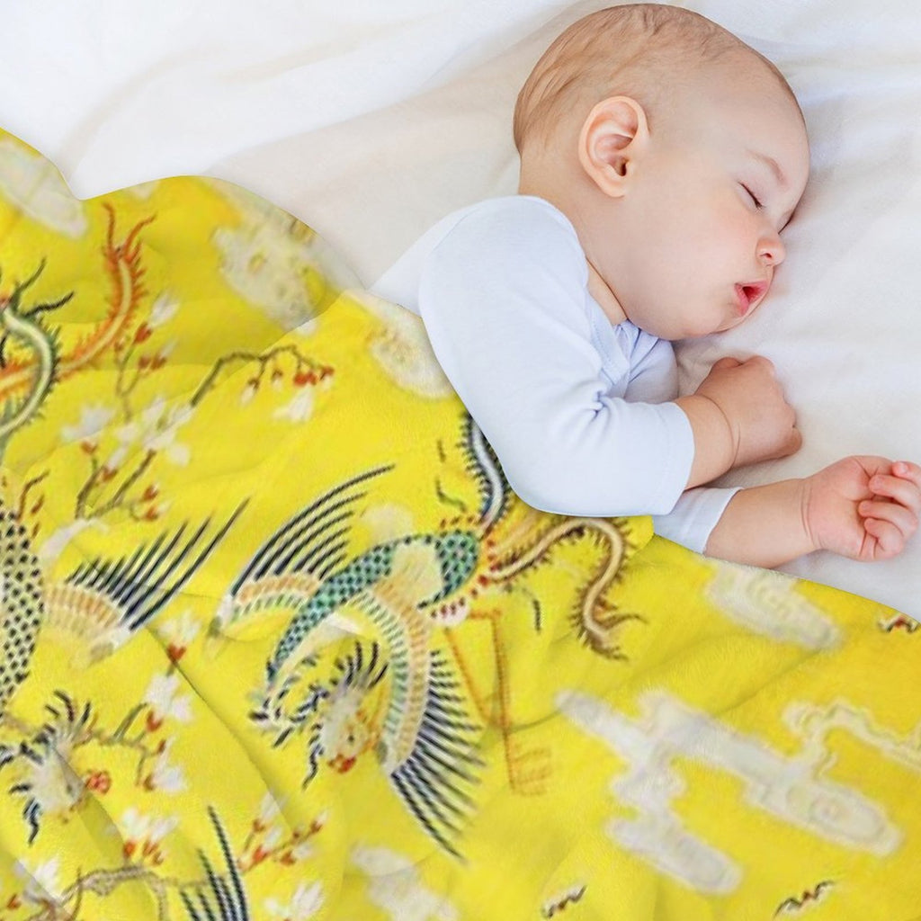 Five Phoenixes in The Garden ,Chinese Imperial Bright Yellow Floral Tapestry Plush Throw Blanket