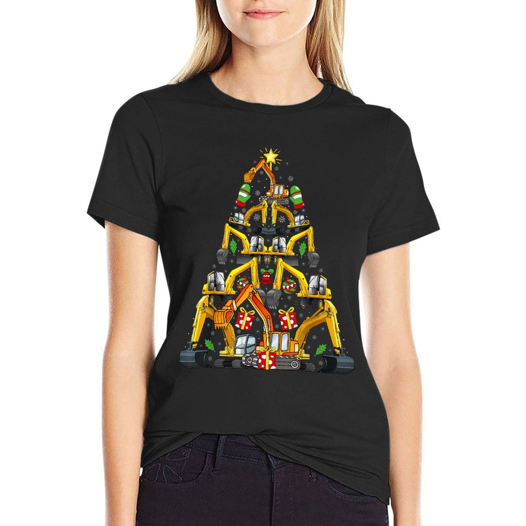 Excavator Christmas Tree Funny Vehicles Xmas Adult And Kids  Ribbed Collar T-Shirt