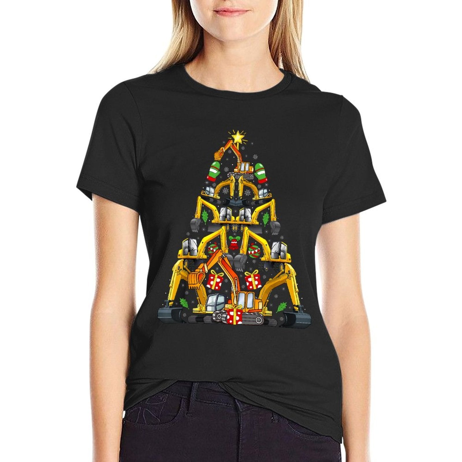 Excavator Christmas Tree Funny Vehicles Xmas Adult And Kids  Ribbed Collar T-Shirt