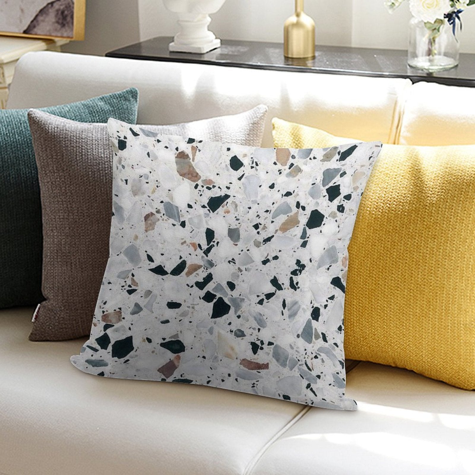 Terrazzo Black, White, Grey And Bronze Soft Hidden Zipper Throw Pillow