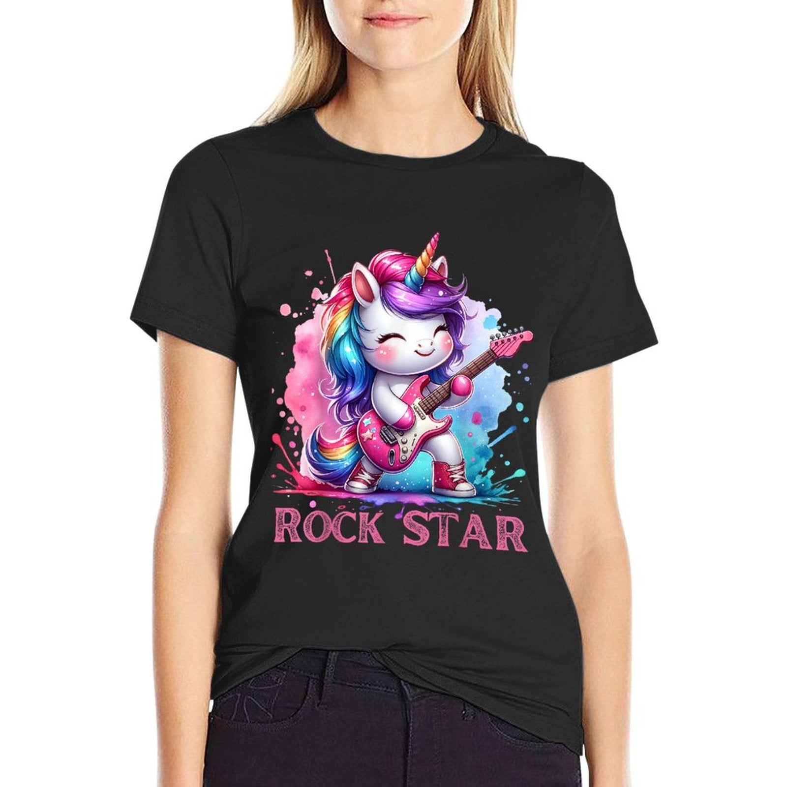 Cute Unicorn Rock Star Guitar Rockin' Music Singer  Fade-proof Color T-Shirt