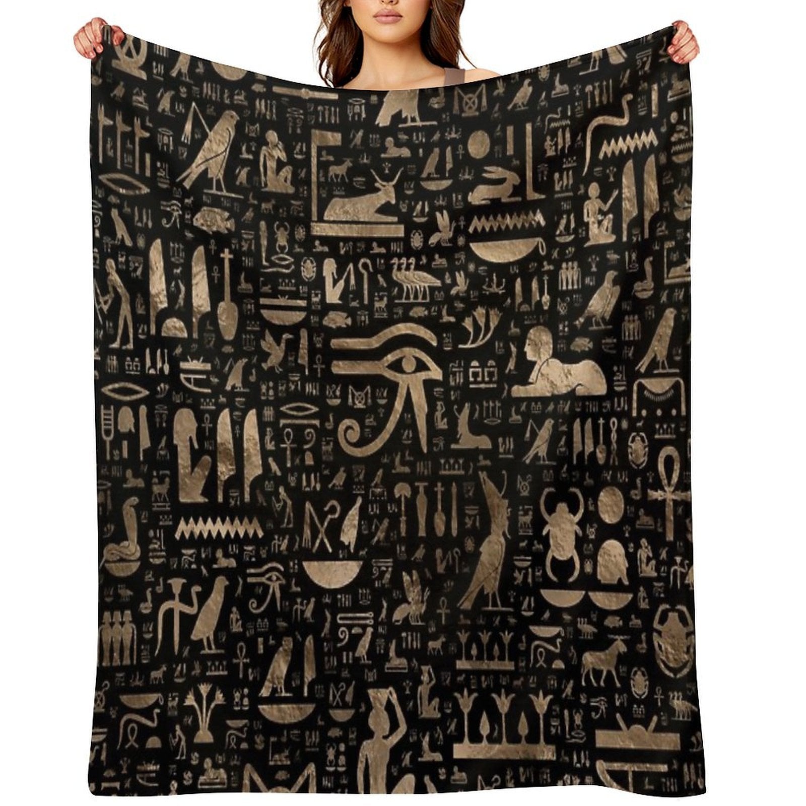 Ancient Egyptian Hieroglyphs - Black And Gold Quick-dry Throw Blanket