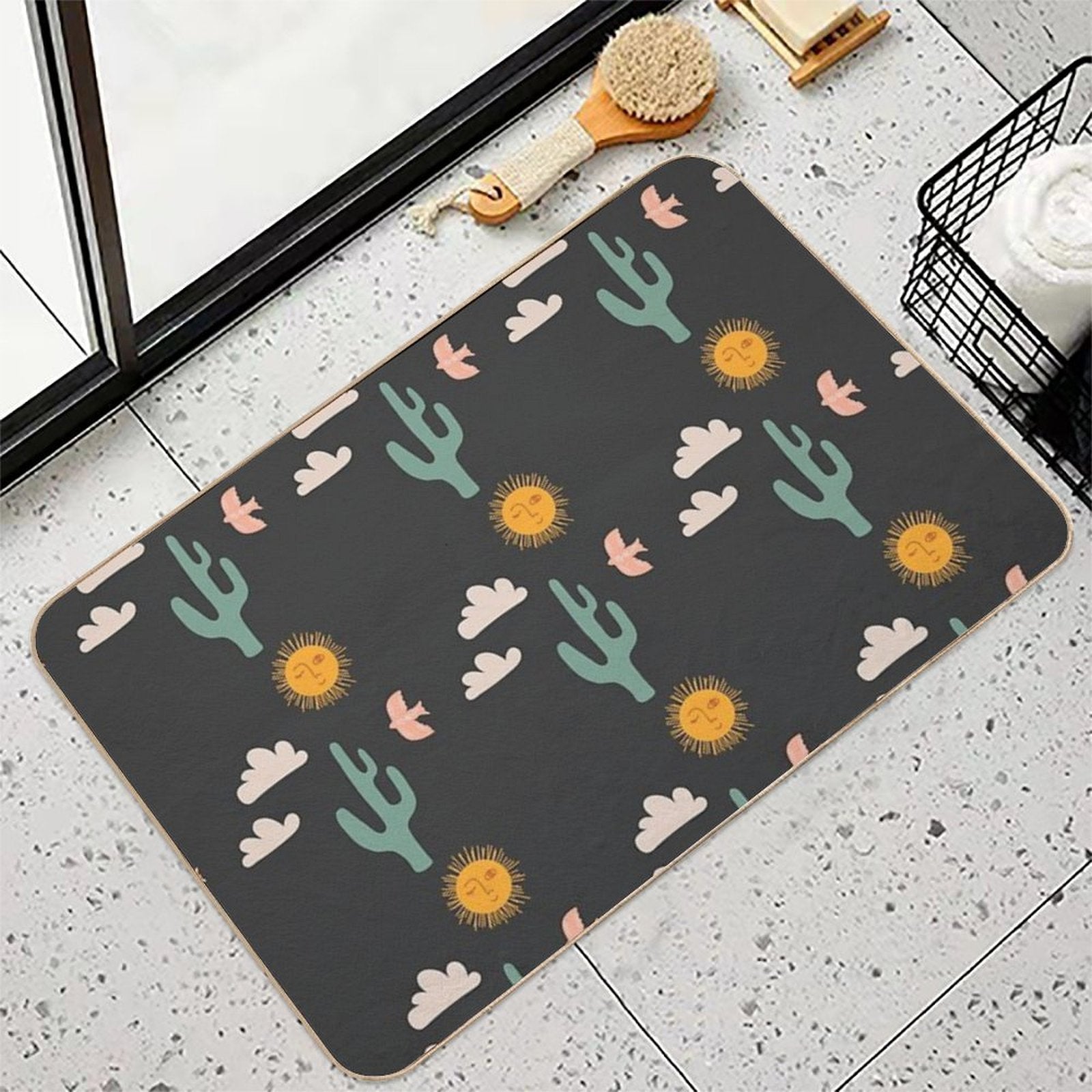 Boho Aesthetic Landscape Southwest Cactus And Sun - Charcoal Background  Eco-Friendly Bath Mat