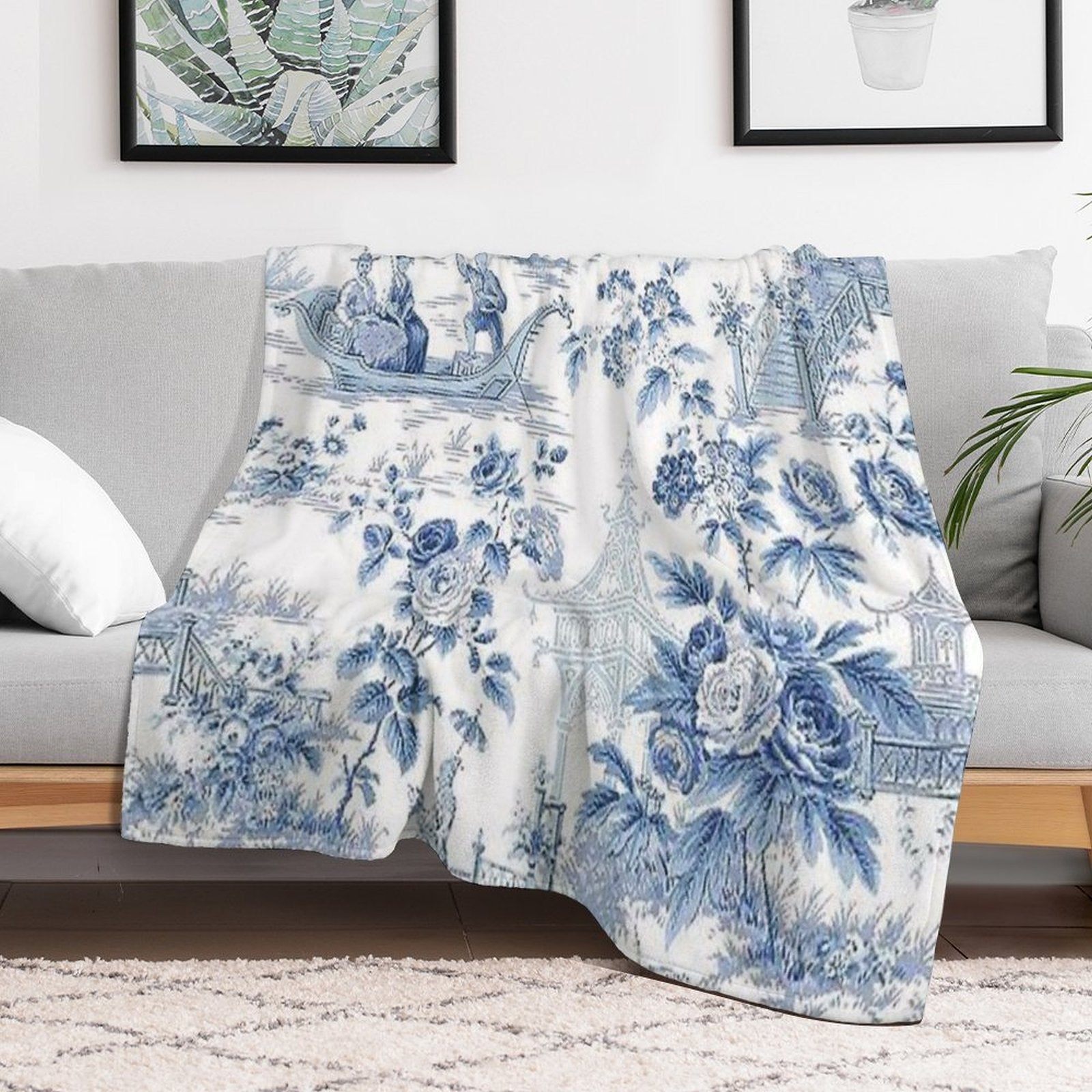 Powder Blue Chinoiserie Toile Shrink-resistant Throw Blanket