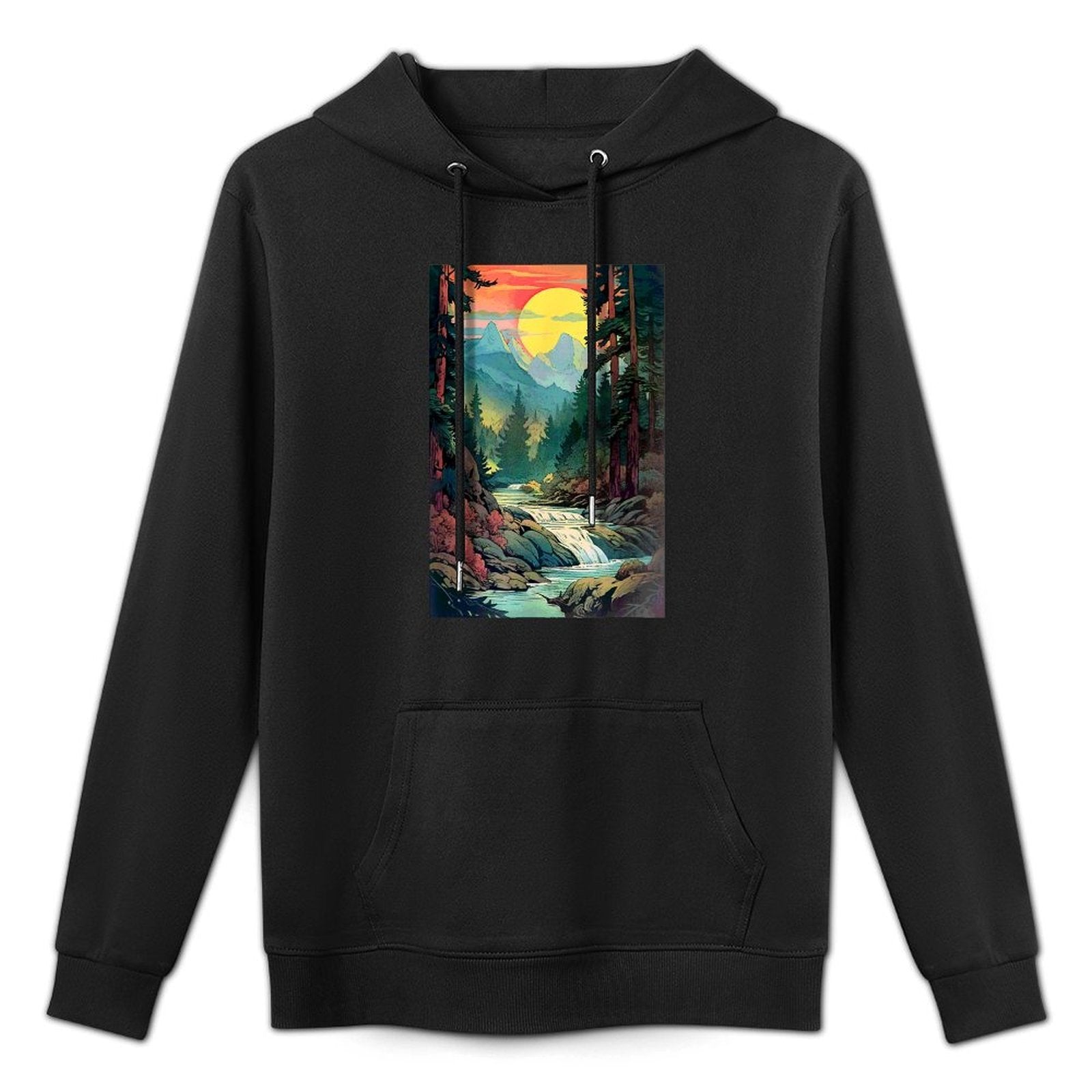 Mountains Trees River Waterfall Woodsy Nature Scene Outdoors Customizable Surface Hoodie