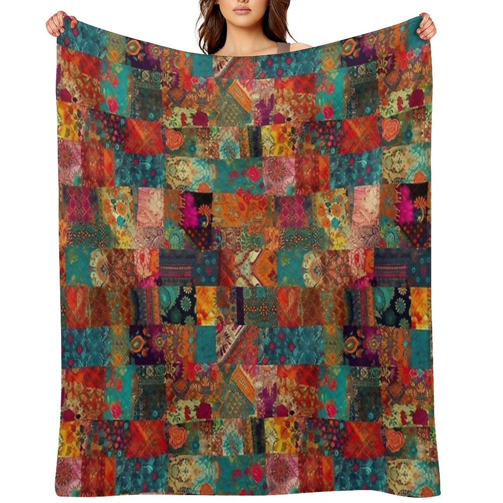 Bohemian Patchwork Wonderland Vibrant Bright Hippie Velvety-soft Throw Blanket