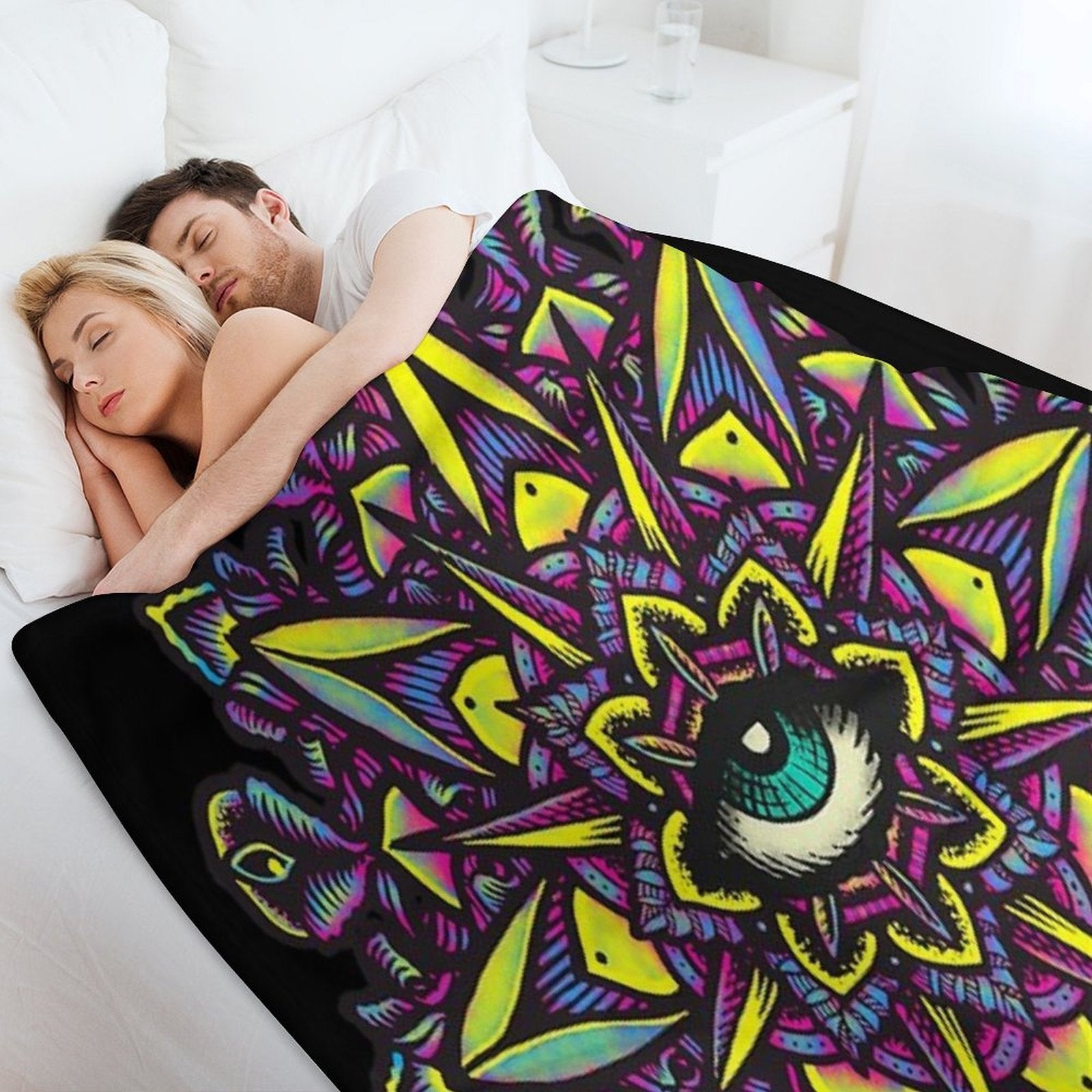 Dharma Wheel Neon Mandala Eye Machine-washable Throw Blanket