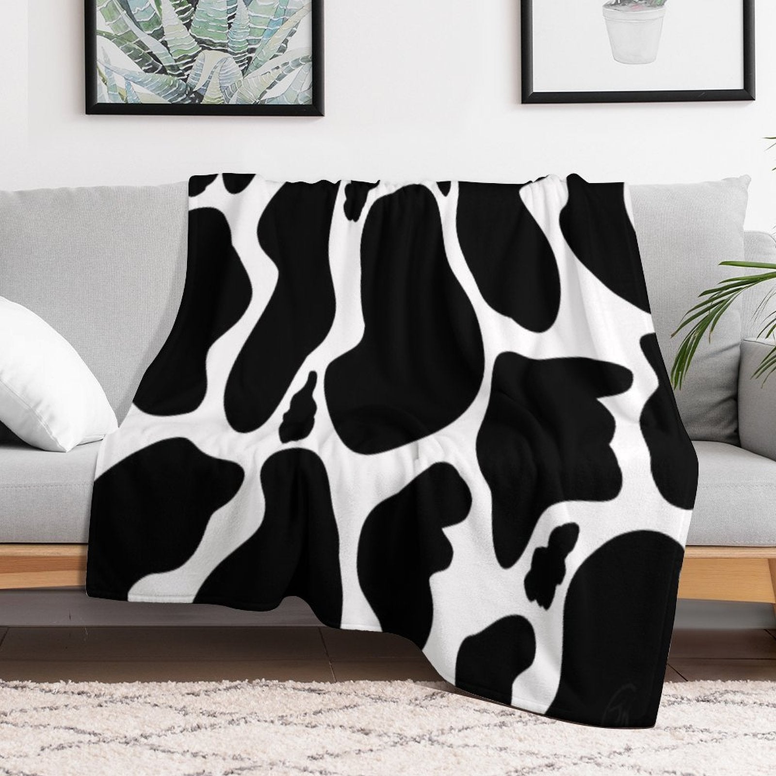 Black White Large Cow Spots Animal Pattern Premium Throw Blanket