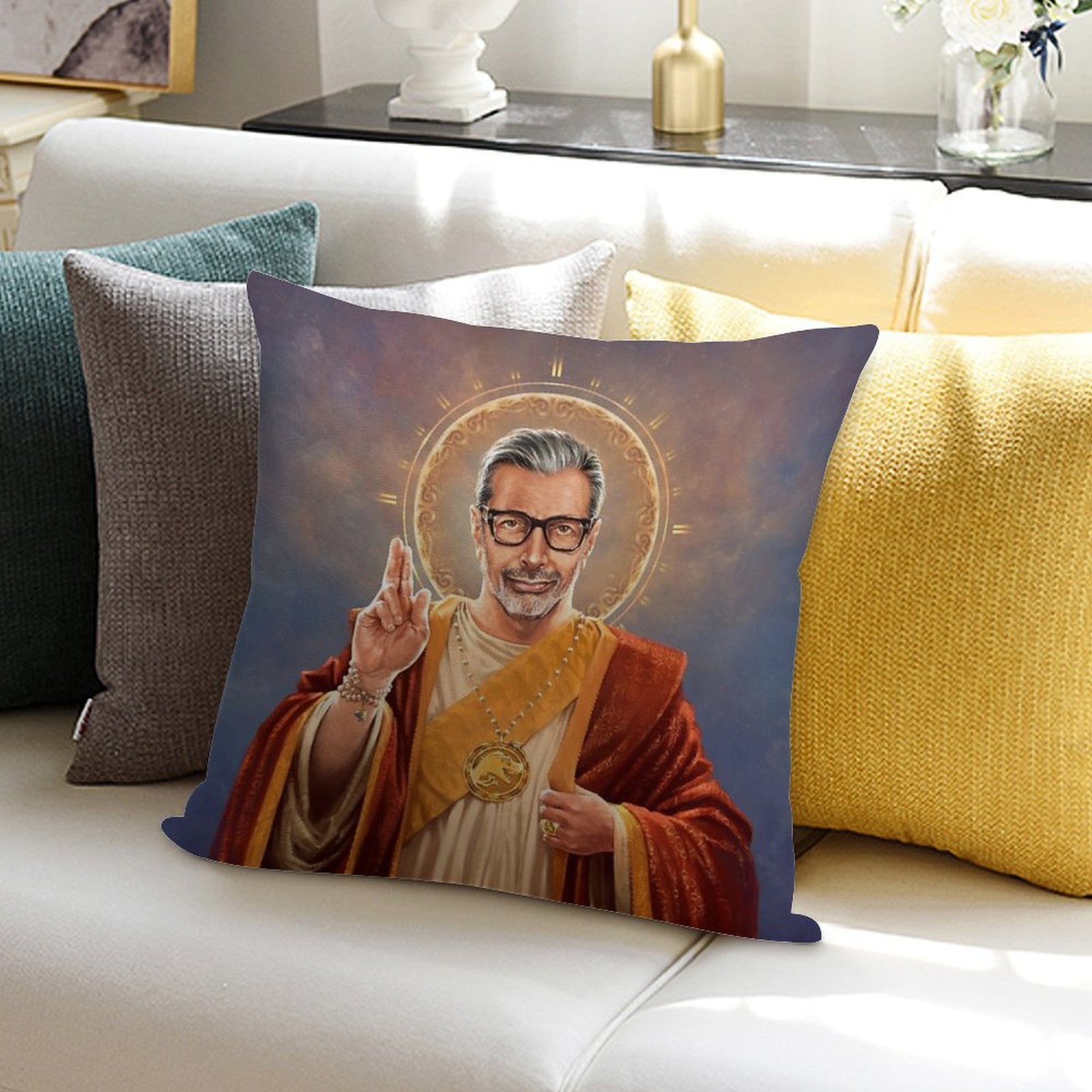 Saint Jeff of Goldblum, Jeff Goldblum Original Religious Painting Soft Shrink-Resistant Throw Pillow