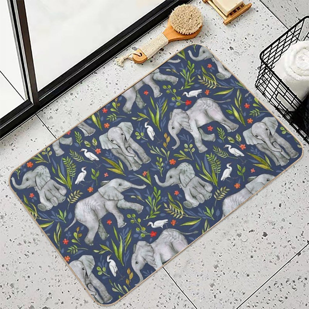 Baby Elephants And Egrets in Watercolor - Navy Blue  Odorless Bath Mat